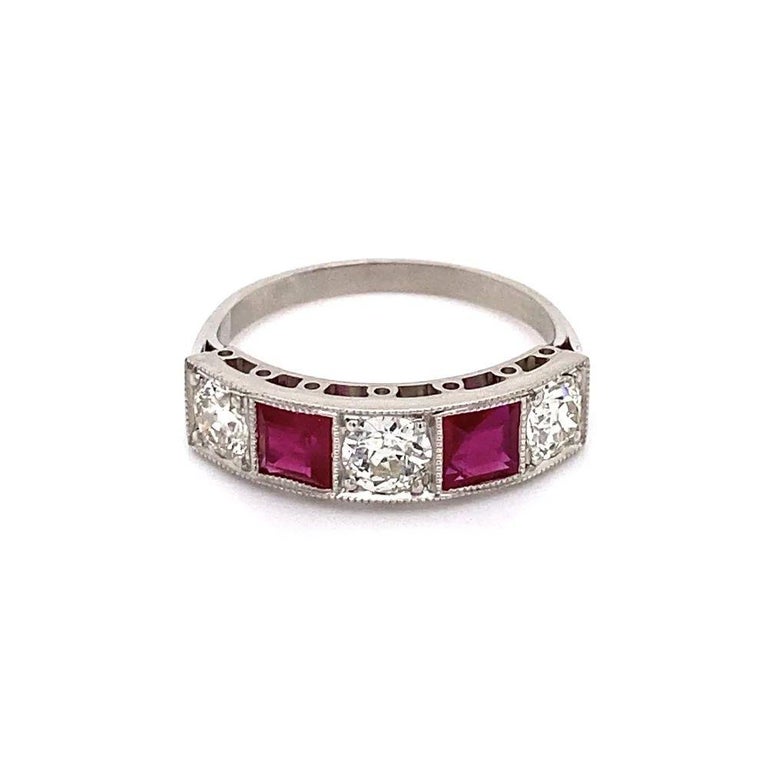Mixed Cut Diamond and Ruby Platinum Vintage Band Ring Estate Fine Jewelry For Sale