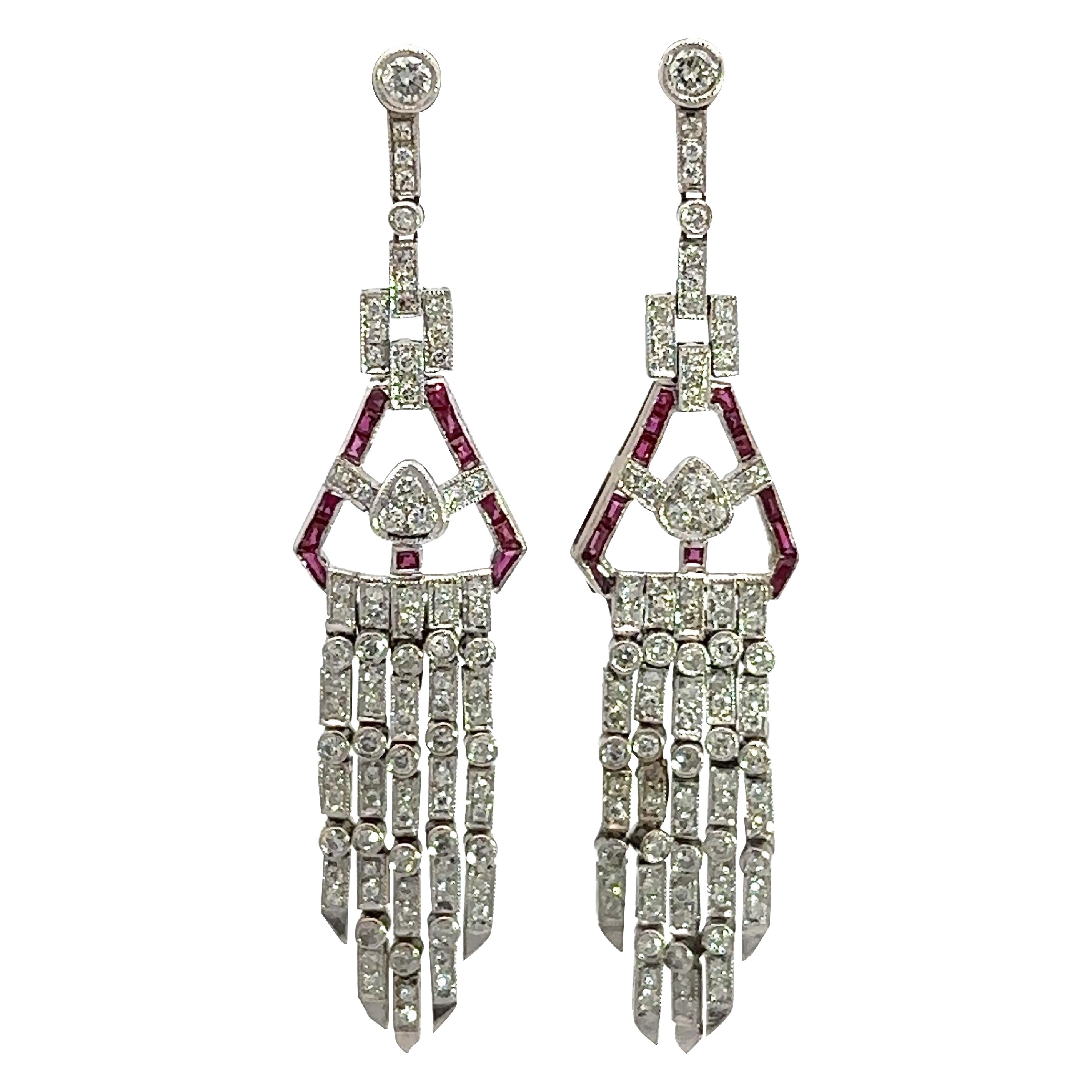 Diamond and Ruby Platinum Vintage Dangle Earrings