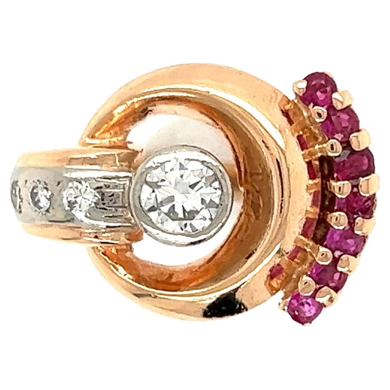 Diamond and Ruby Retro Gold Ring For Sale at 1stDibs