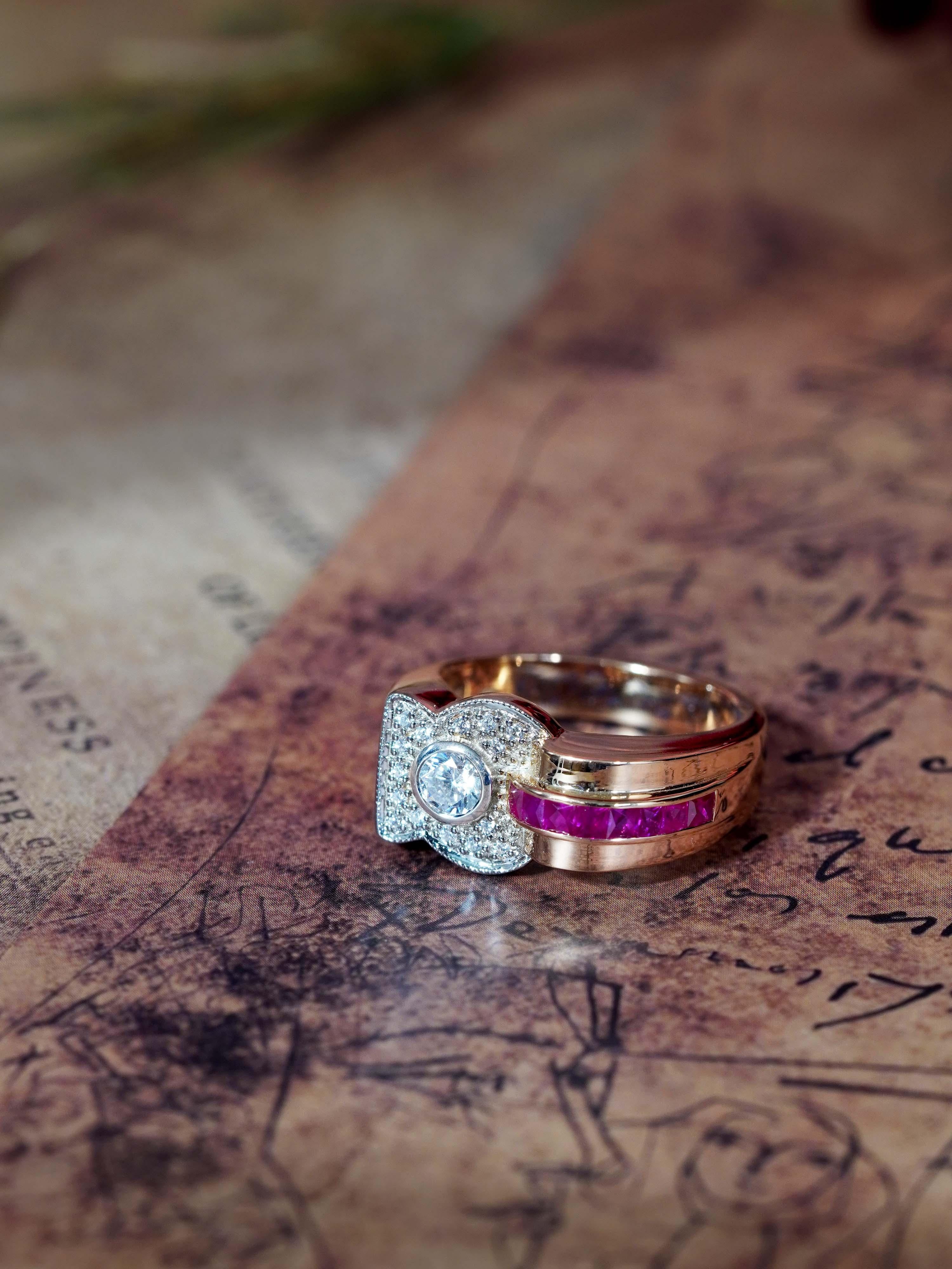 Taille ronde Bague de fiançailles en or rose 14K avec diamant et rubis de style rétro en vente