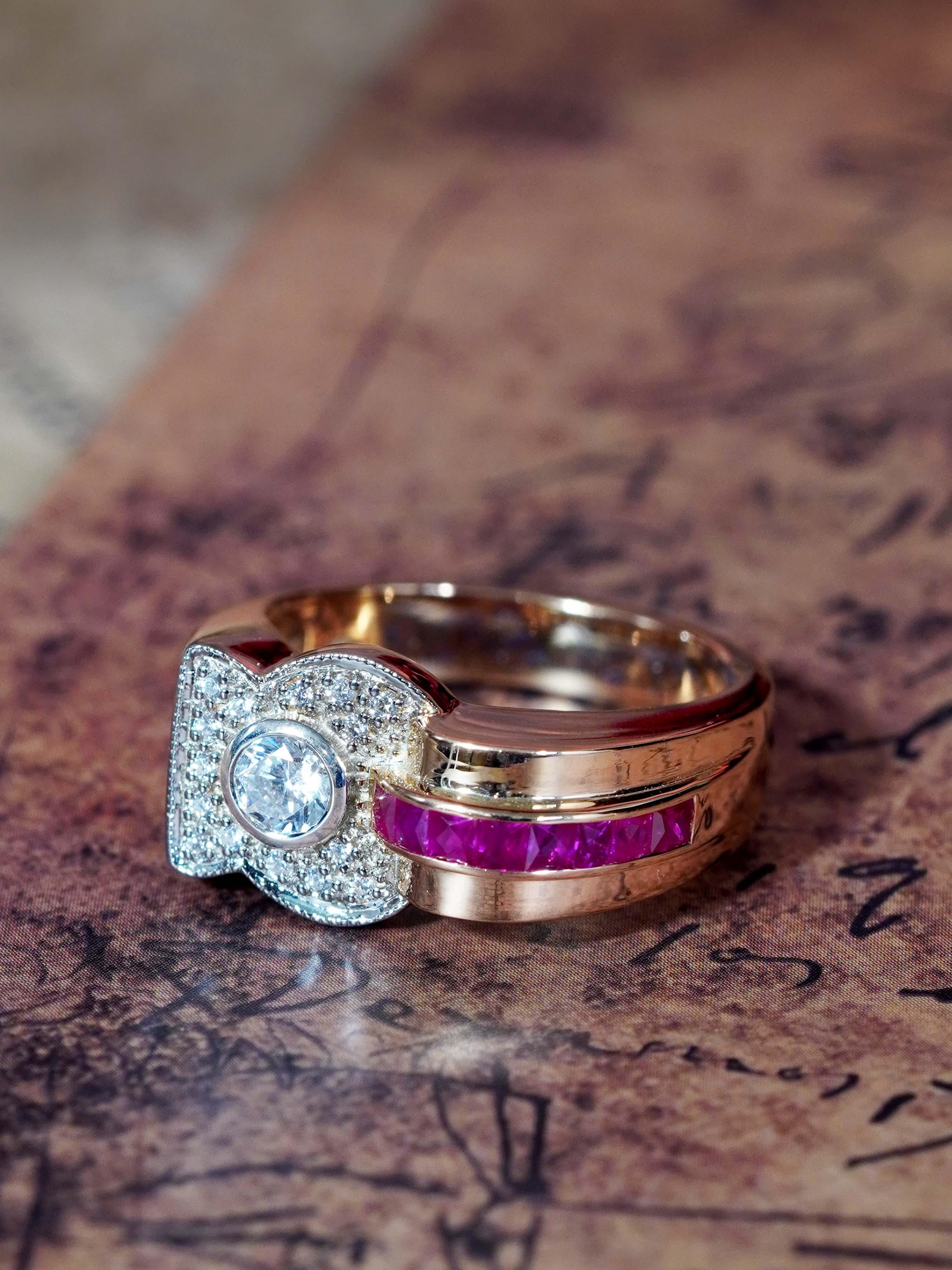 Bague de fiançailles en or rose 14K avec diamant et rubis de style rétro Neuf - En vente à Bangkok, TH