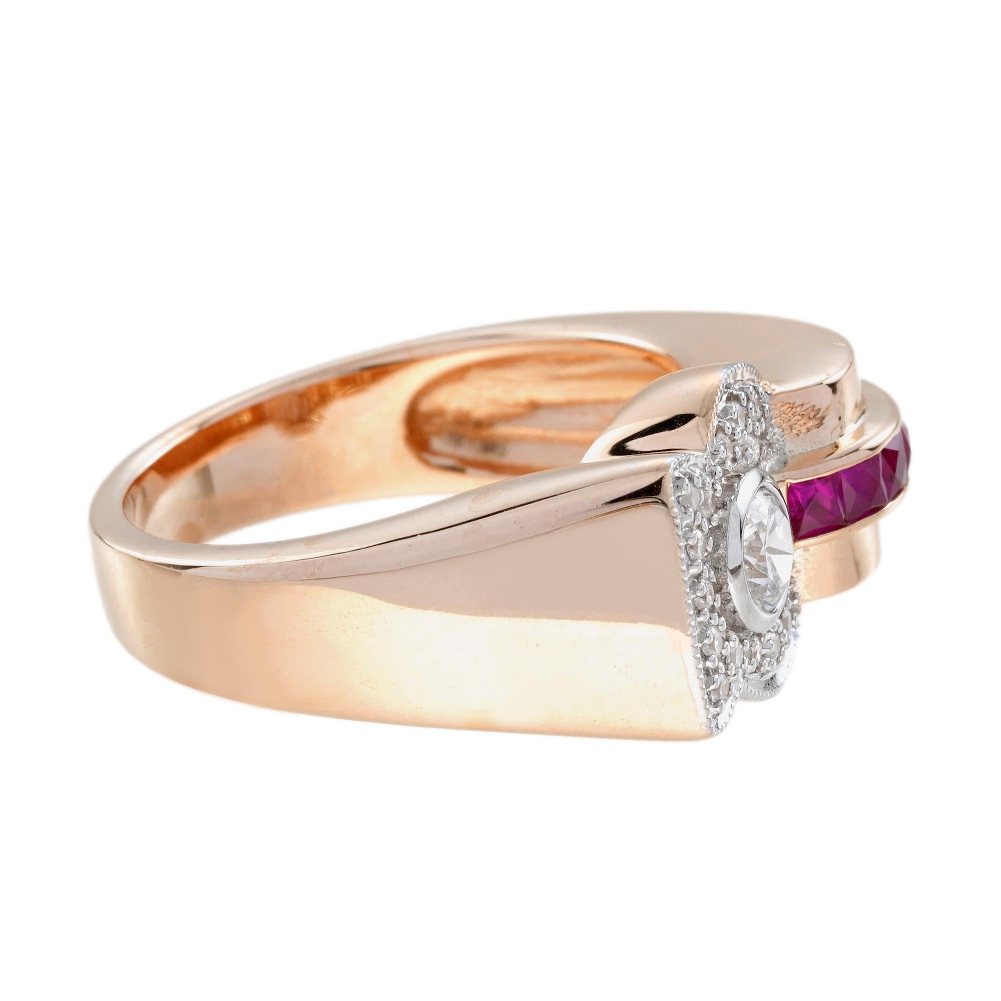 Bague de fiançailles en or rose 14K avec diamant et rubis de style rétro en vente 2