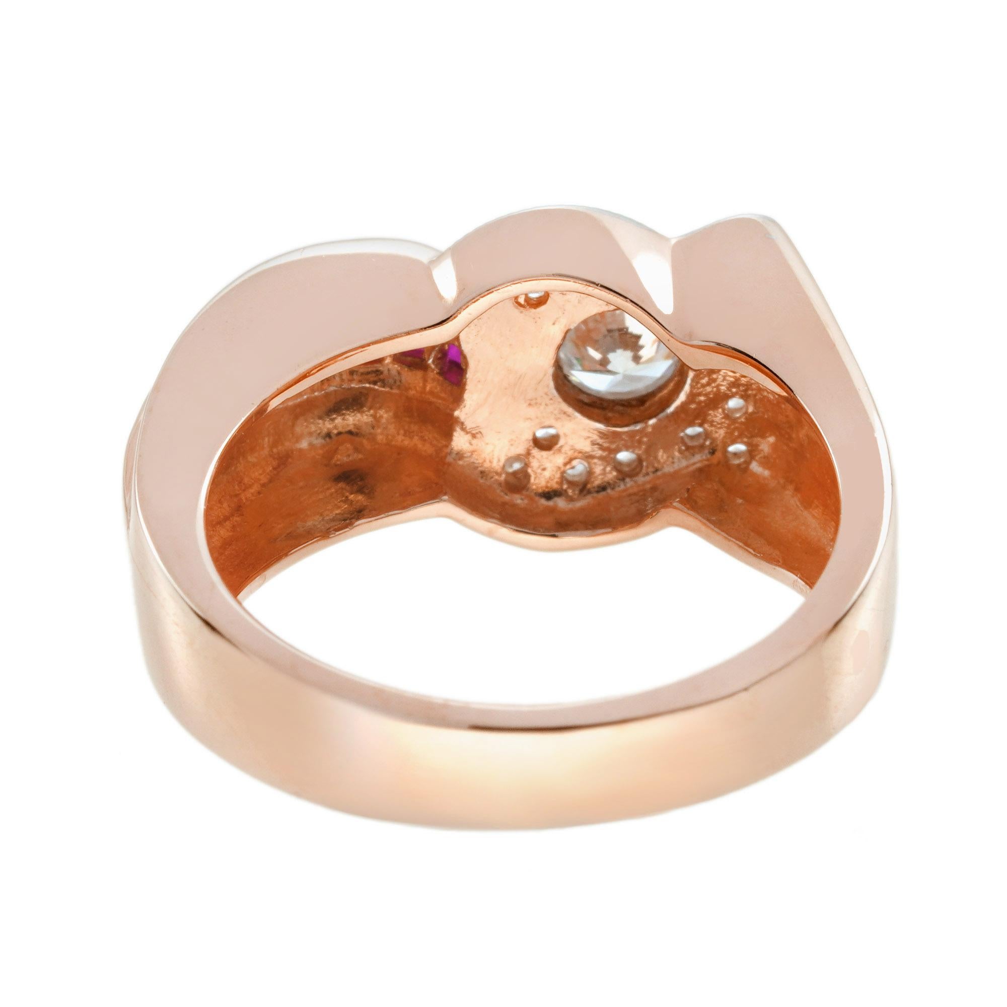 Bague de fiançailles en or rose 14K avec diamant et rubis de style rétro en vente 3