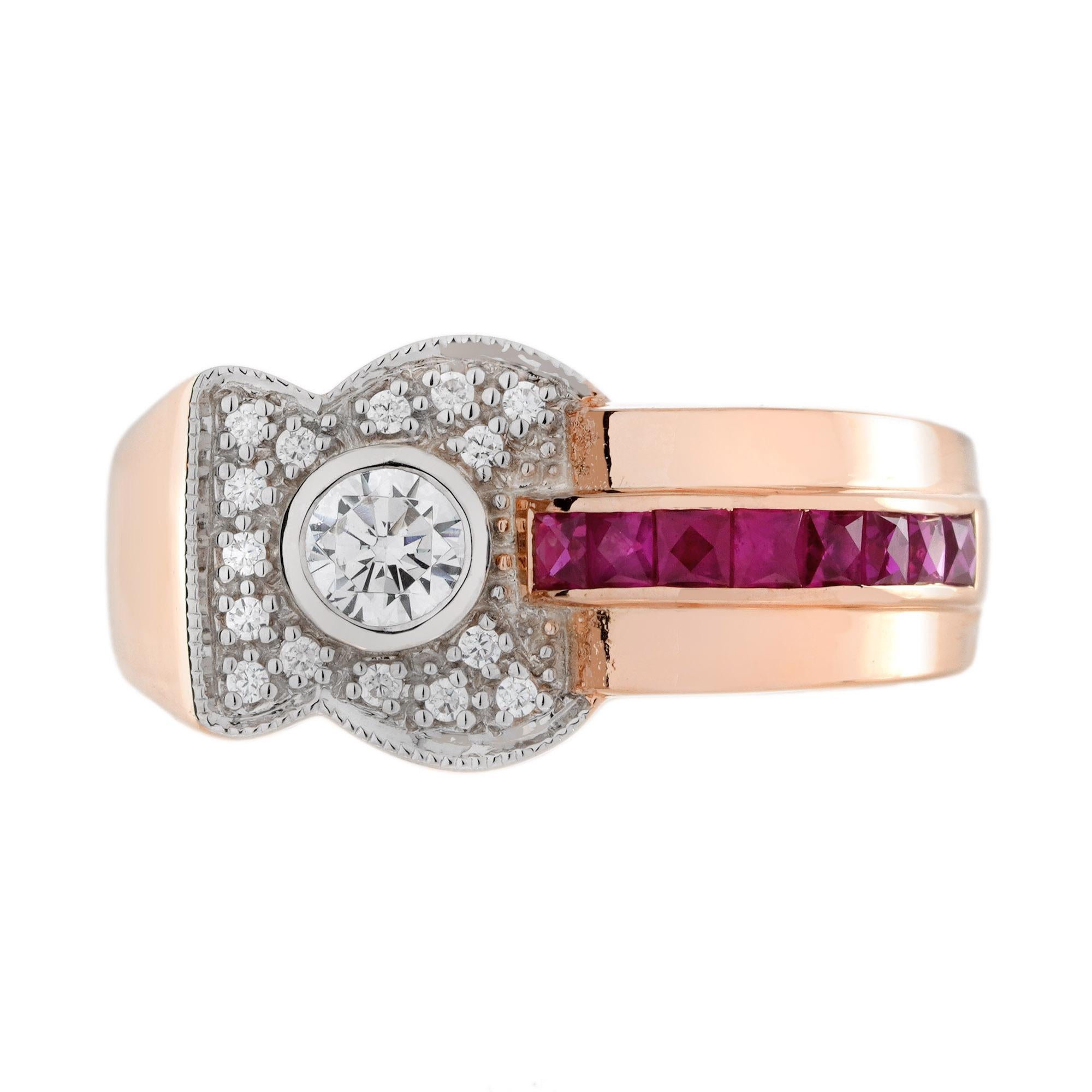 Bague de fiançailles en or rose 14K avec diamant et rubis de style rétro en vente