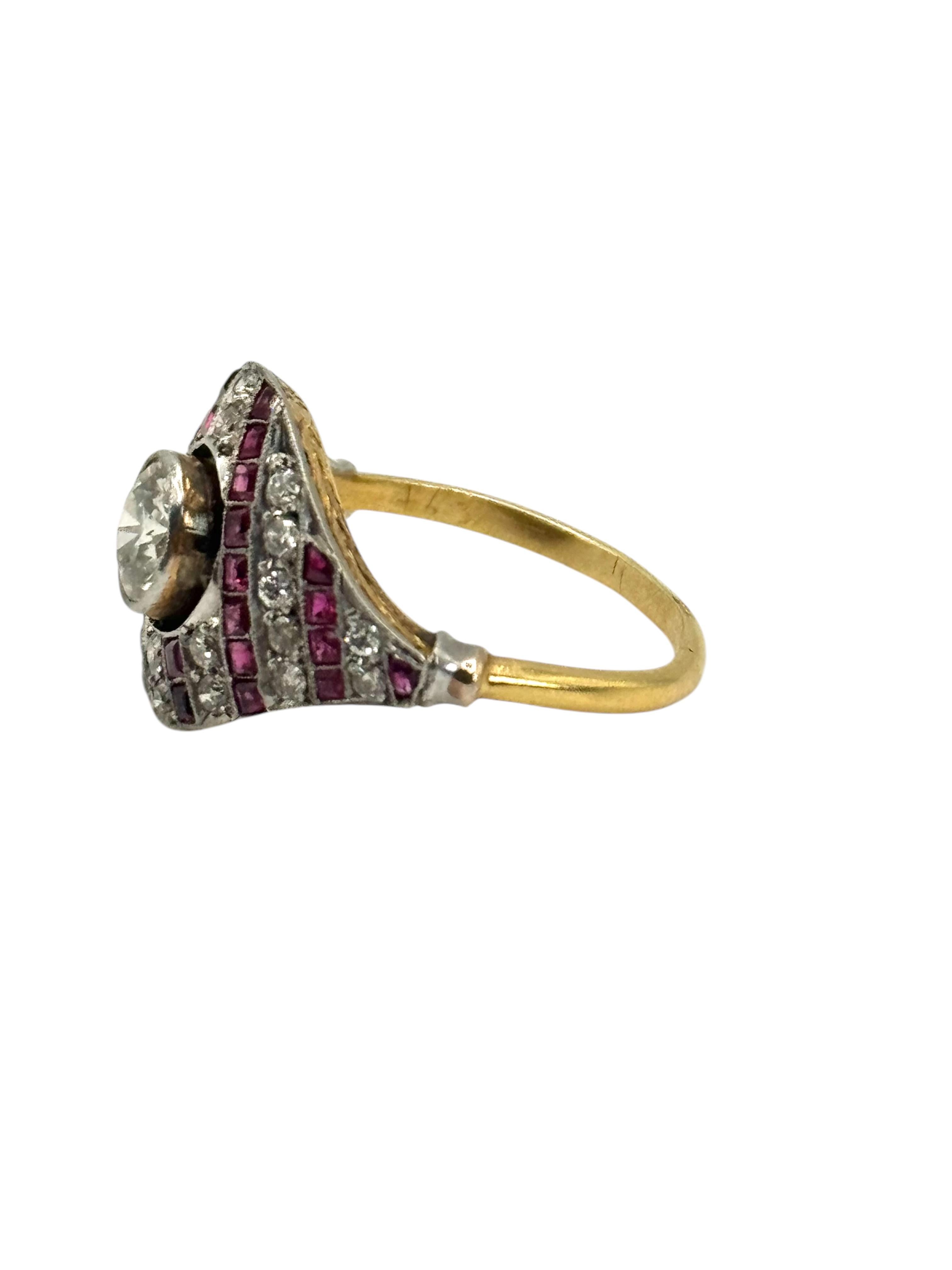 Taille ronde Bague en or jaune, diamant et rubis en vente