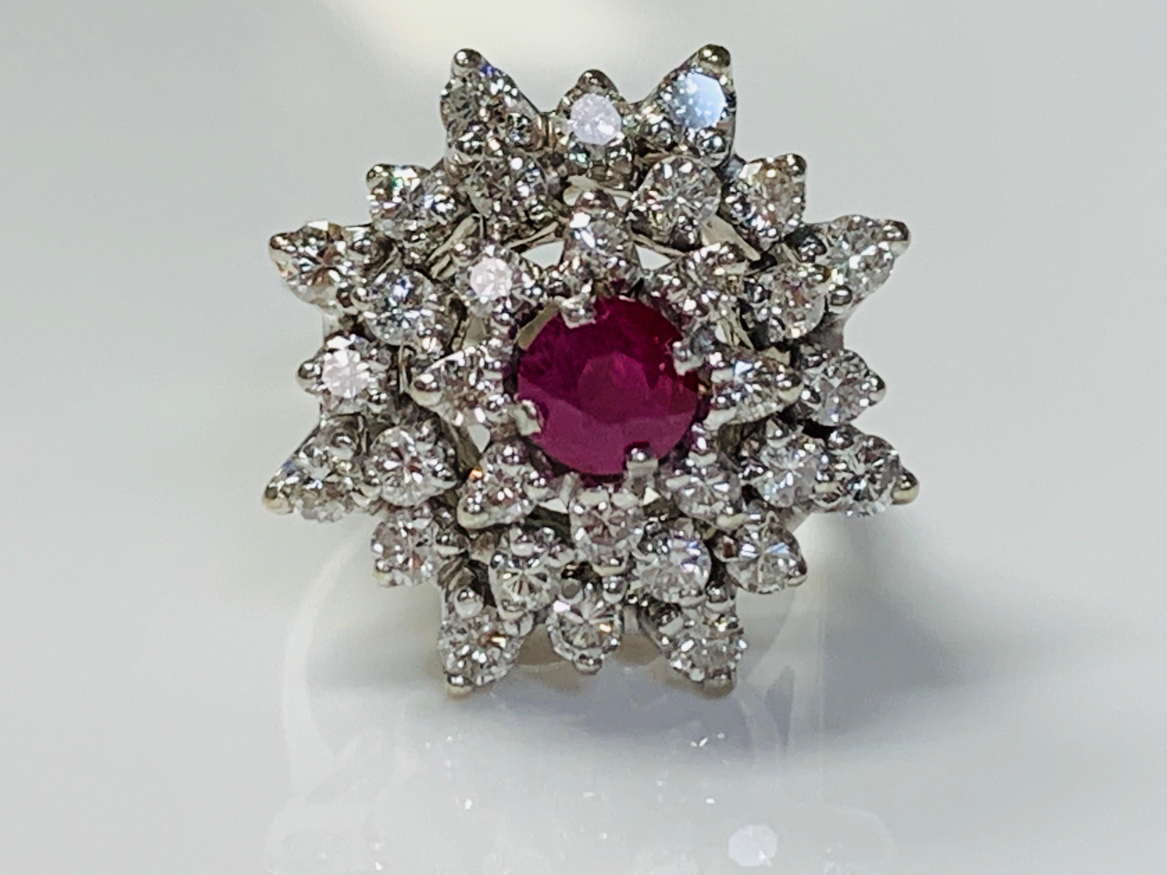 Contemporary Diamond and Ruby Ring in 14 Karat White Gold For Sale