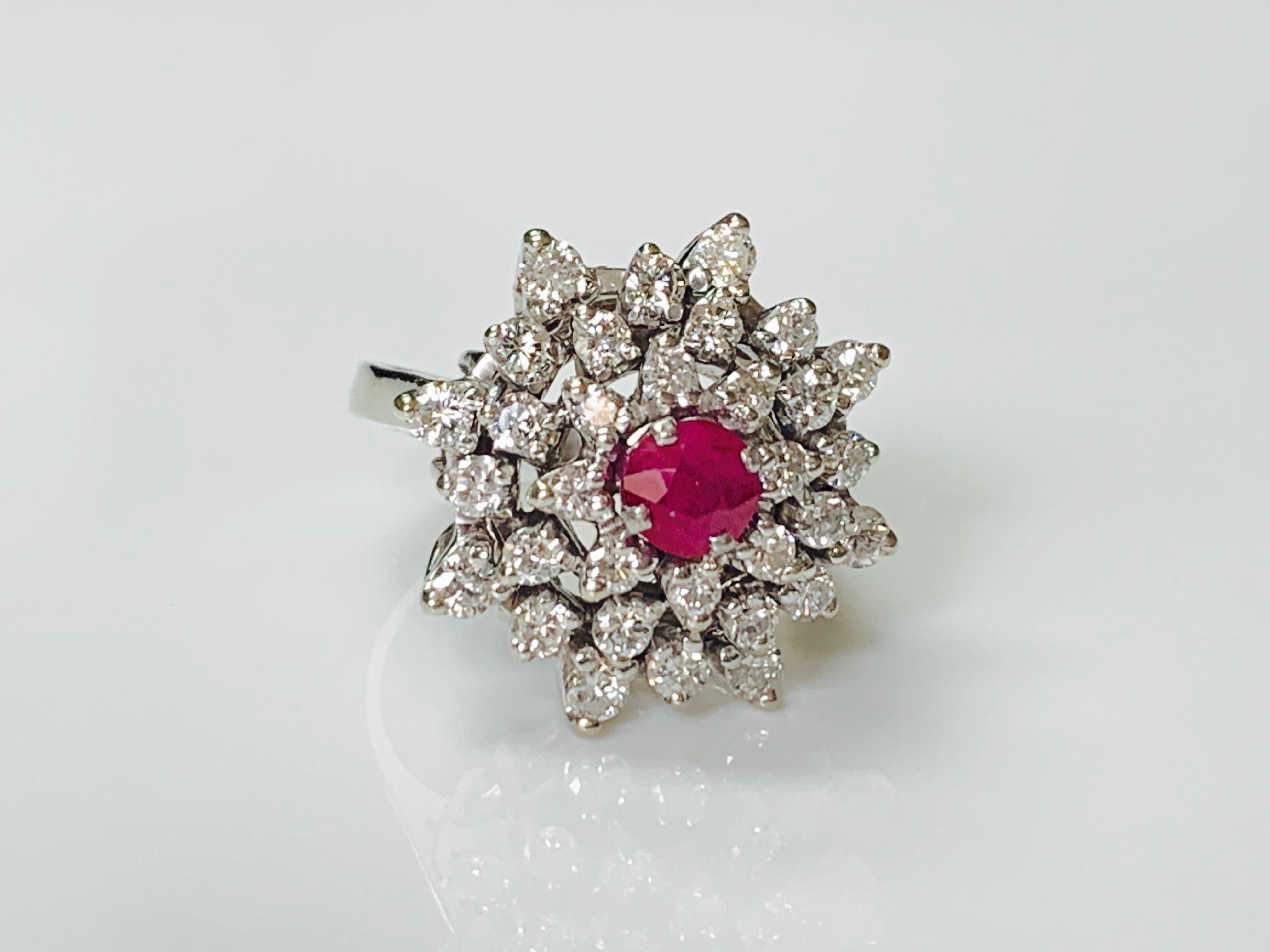 Round Cut Diamond and Ruby Ring in 14 Karat White Gold For Sale