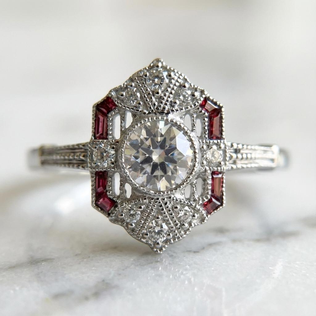 Délicate bague d'inspiration Art déco en or blanc 14k, ornée d'un diamant ancien de taille européenne d'environ 0,35 carat et d'un rubis naturel éclatant. Le contraste entre la brillance du diamant et la profondeur de la couleur du rubis crée un