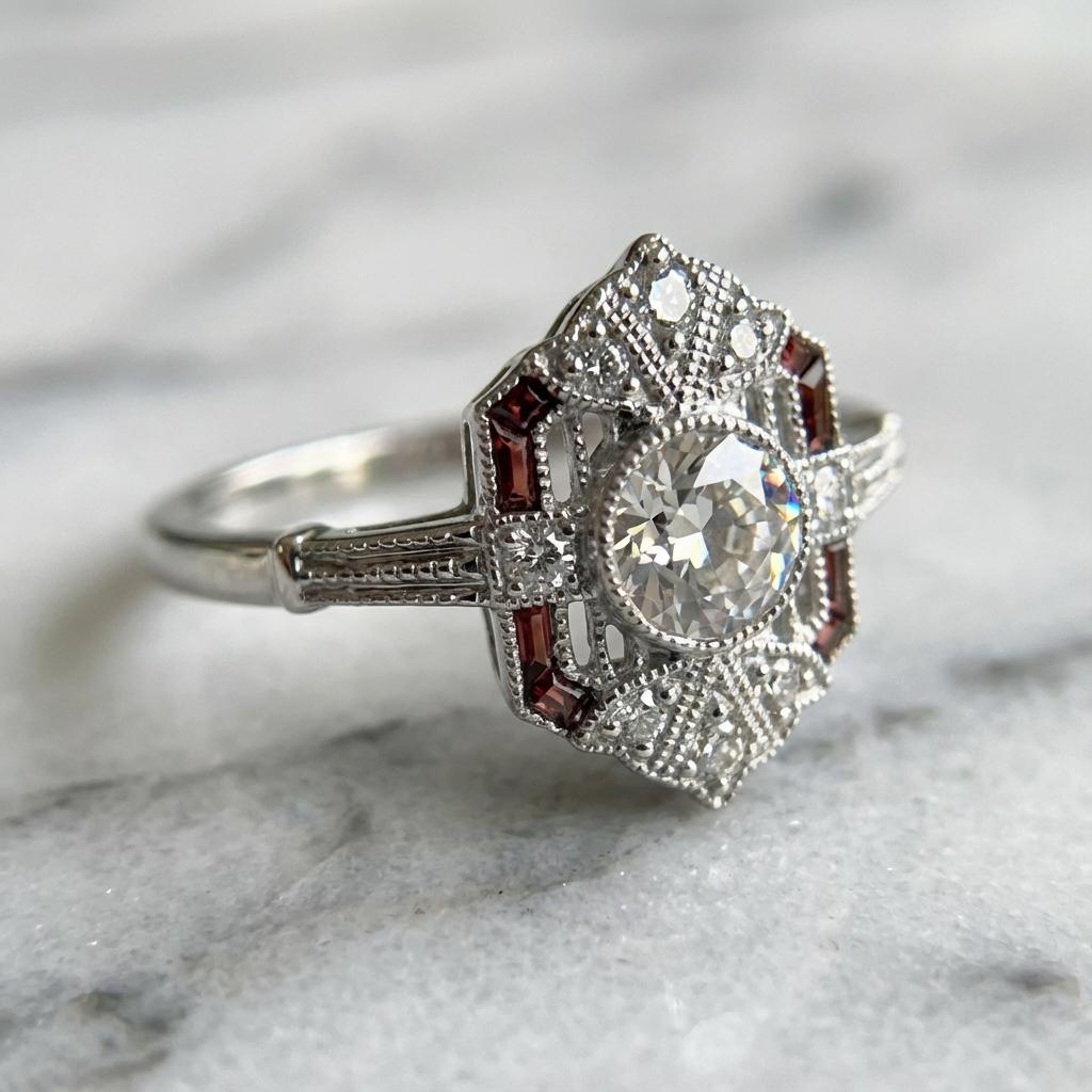 Taille vieille Europe Bague en or blanc 14k diamant et rubis - Taille européenne ancienne, style Art déco en vente