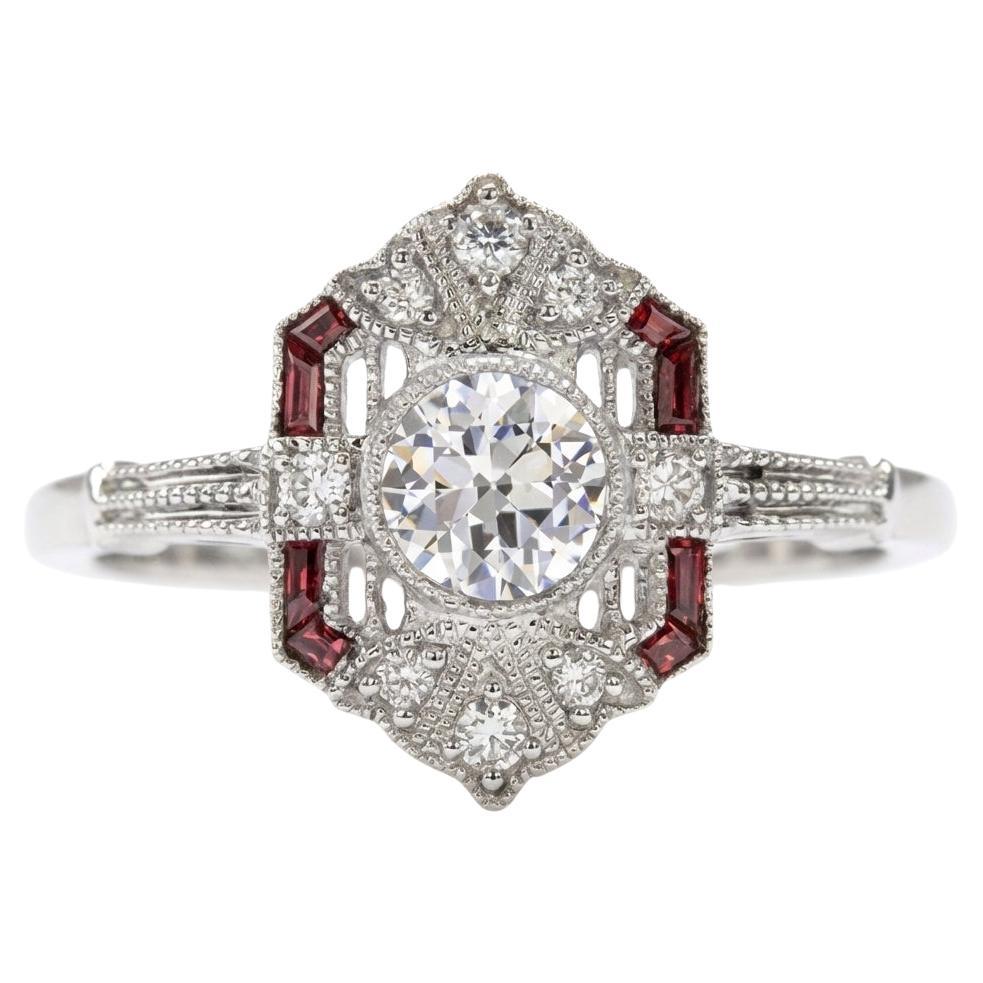 Bague en or blanc 14k diamant et rubis - Taille européenne ancienne, style Art déco