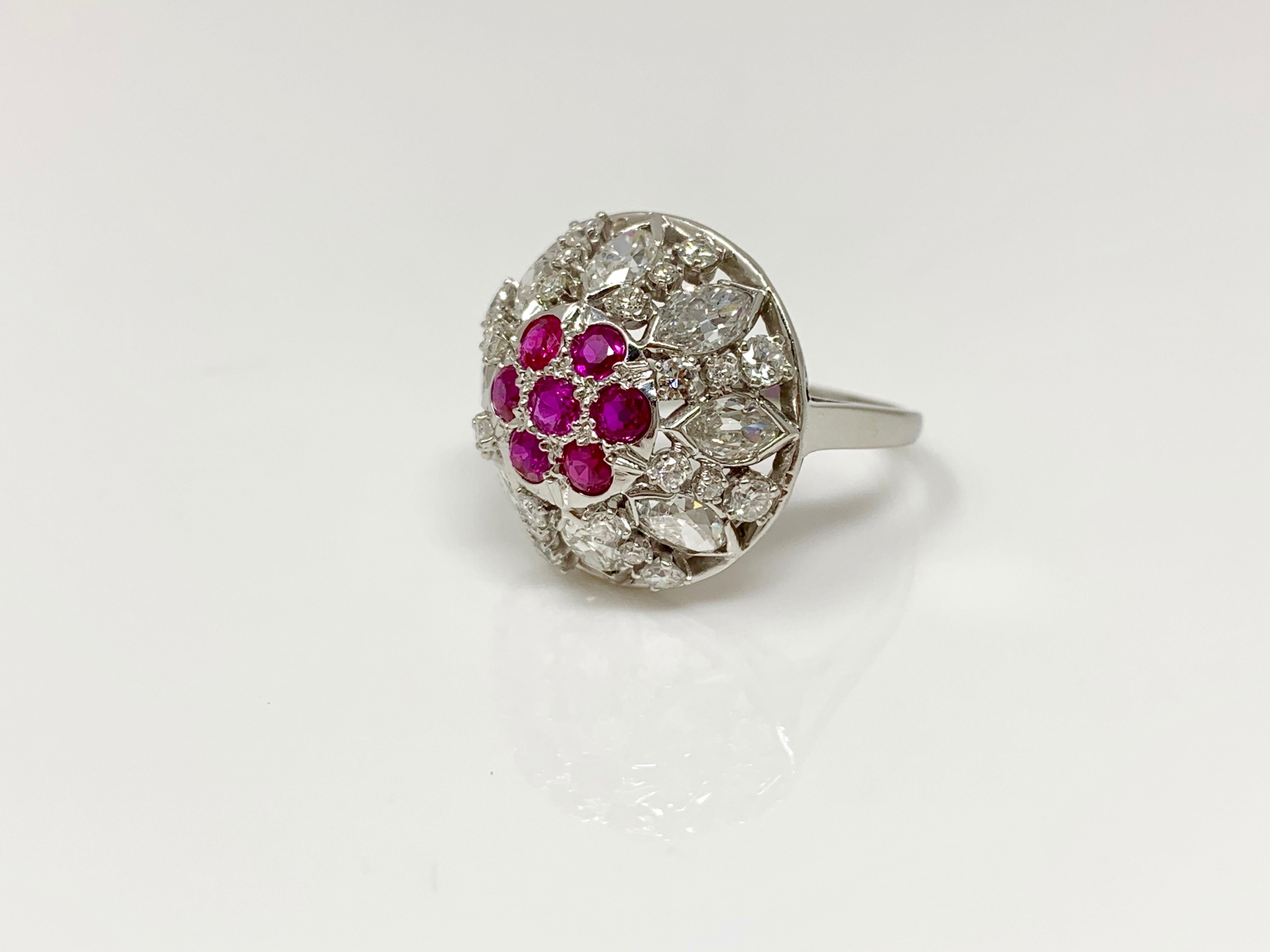Marquise Cut Diamond and Ruby Ring in 18 Karat White Gold