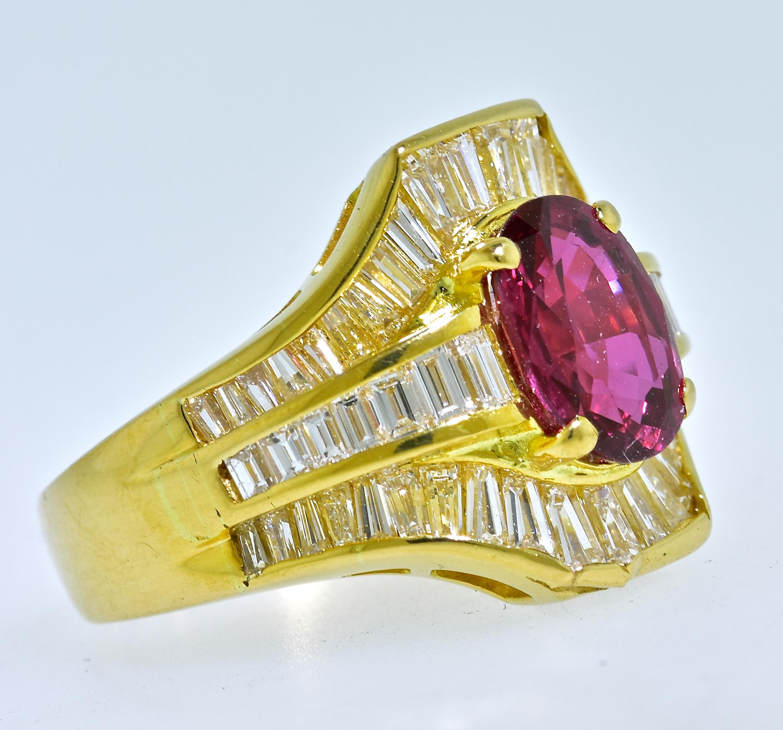 Baguette Cut Diamond and Ruby Ring in 18K Yellow Gold
