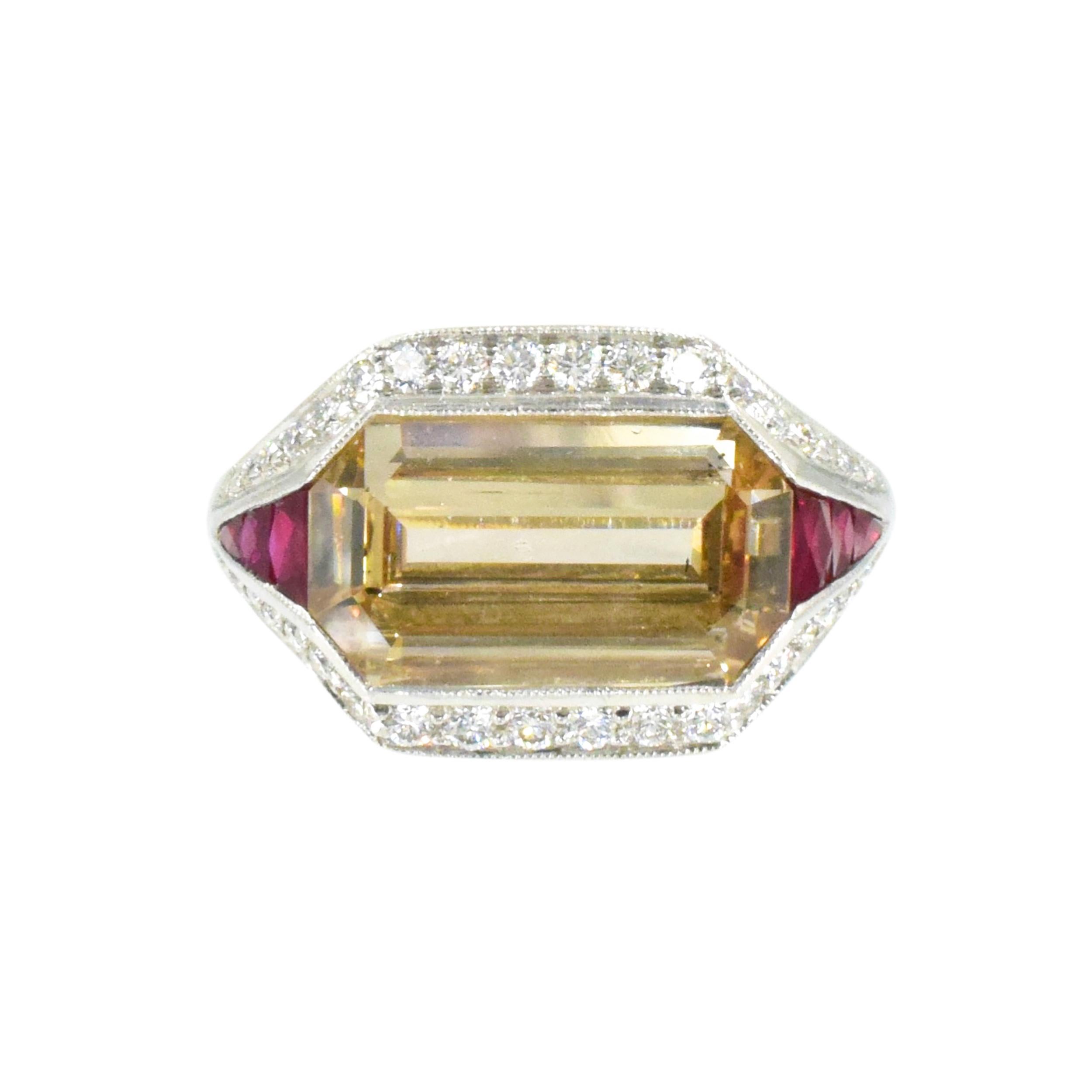 Emerald Cut Diamond and Ruby Ring in Platinum For Sale