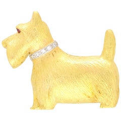 Diamond and Ruby Scottish Terrier Dog Pin Brooch Set in 18 Karat Yellow Gold