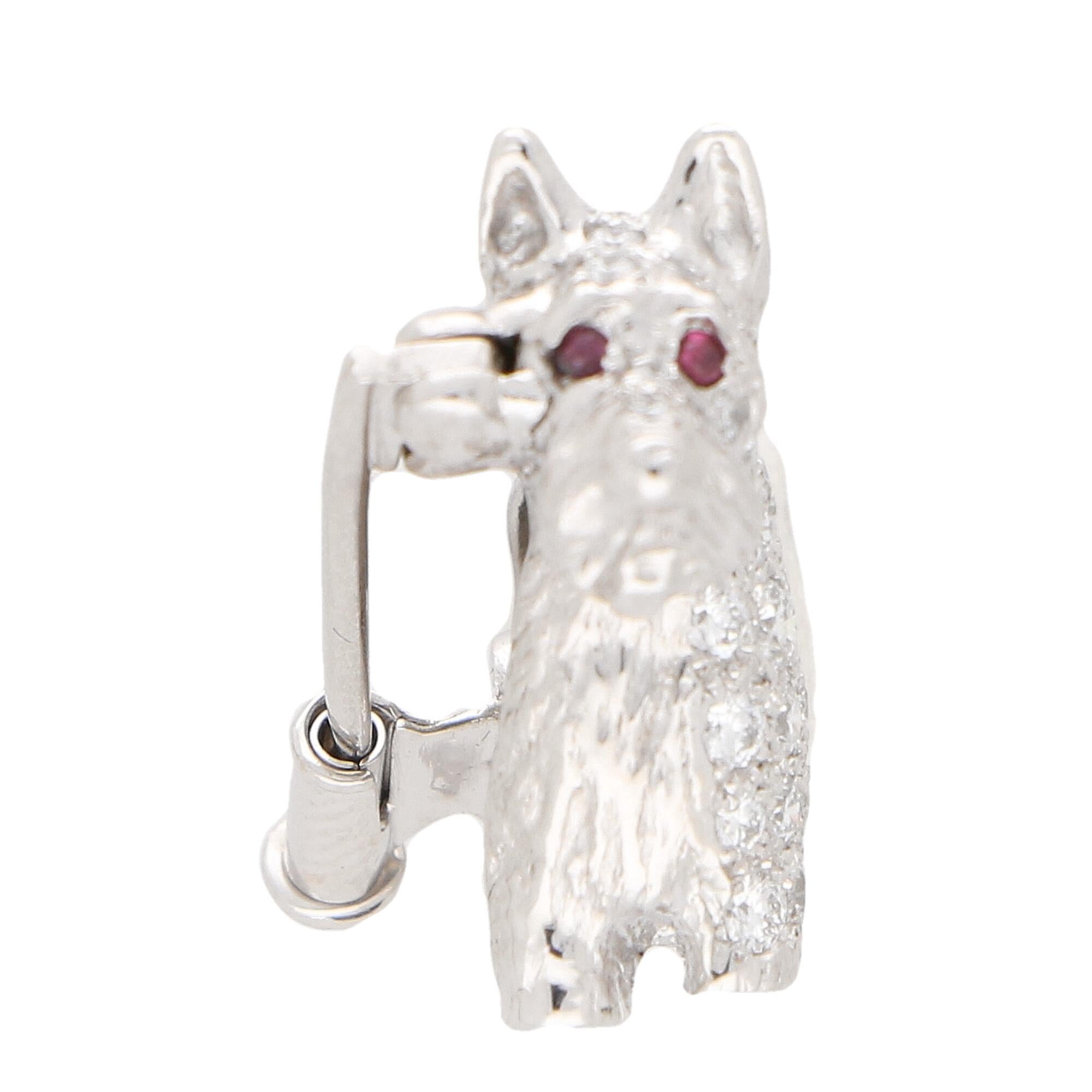 Modern Diamond and Ruby Scottish Terrier Dog Pin Brooch Set in Platinum