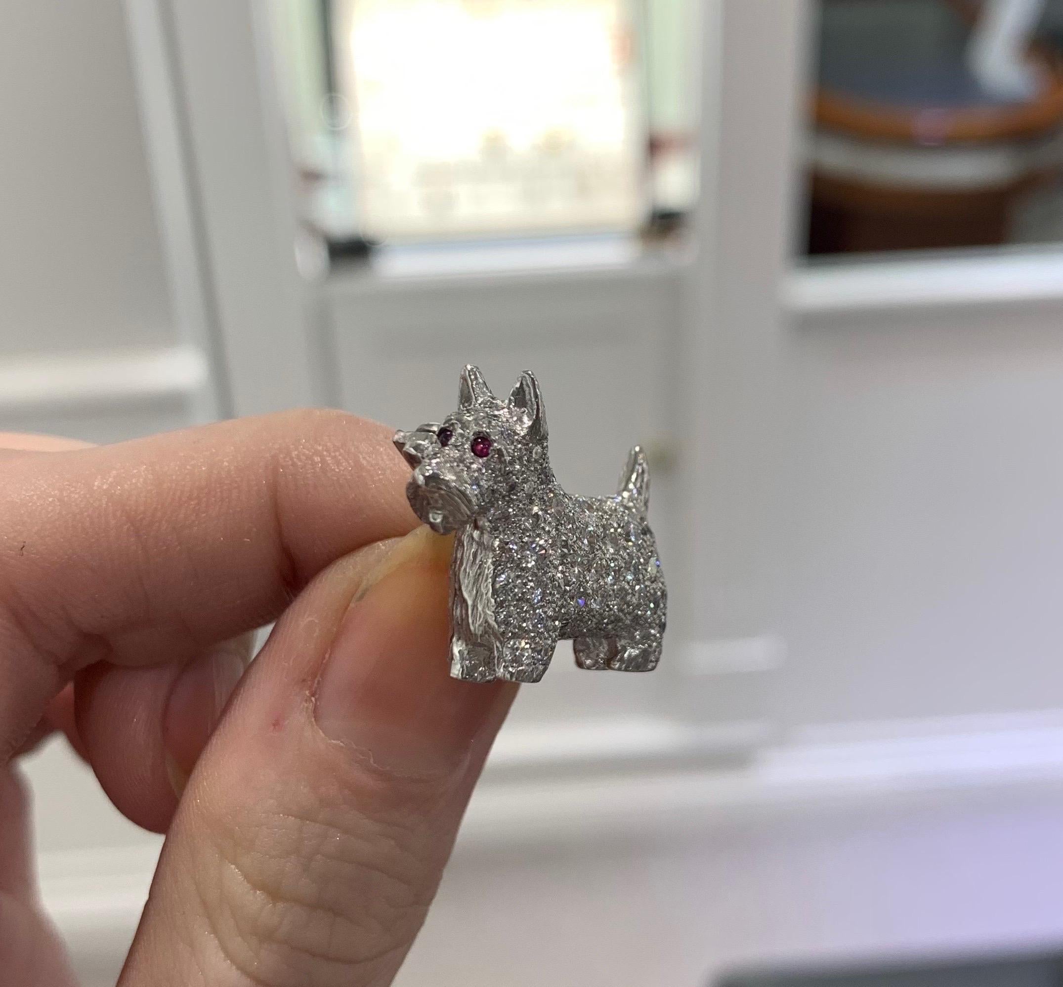 Round Cut Diamond and Ruby Scottish Terrier Dog Pin Brooch Set in Platinum