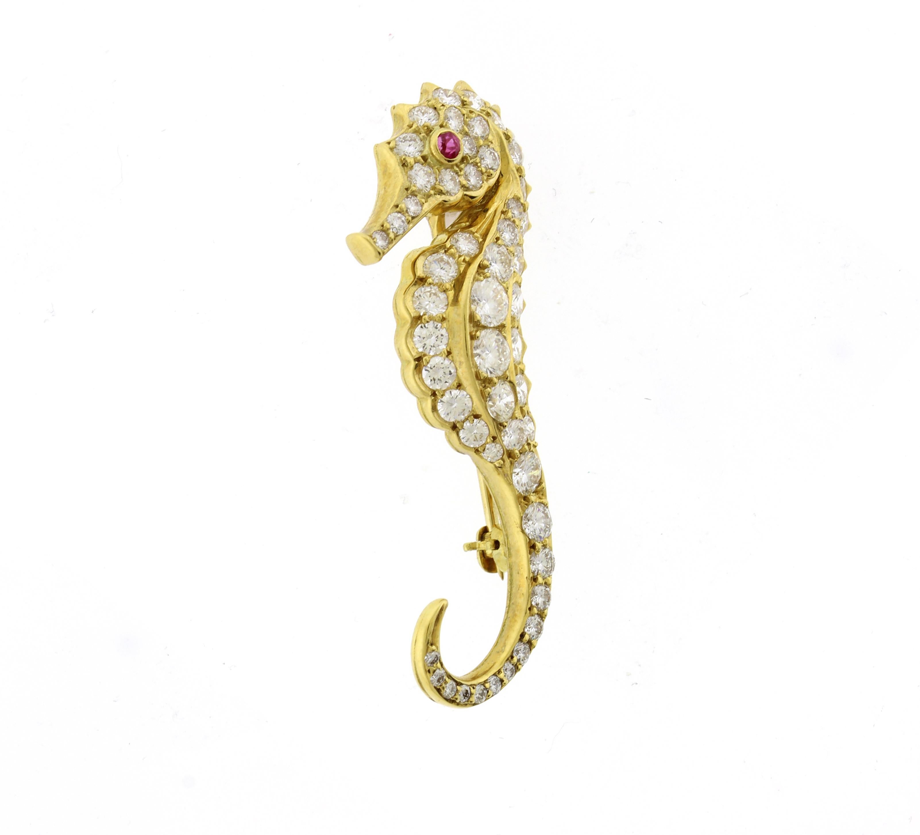 Brilliant Cut Diamond and Ruby Seahorse Brooch by Pampillonia Jewelers For Sale