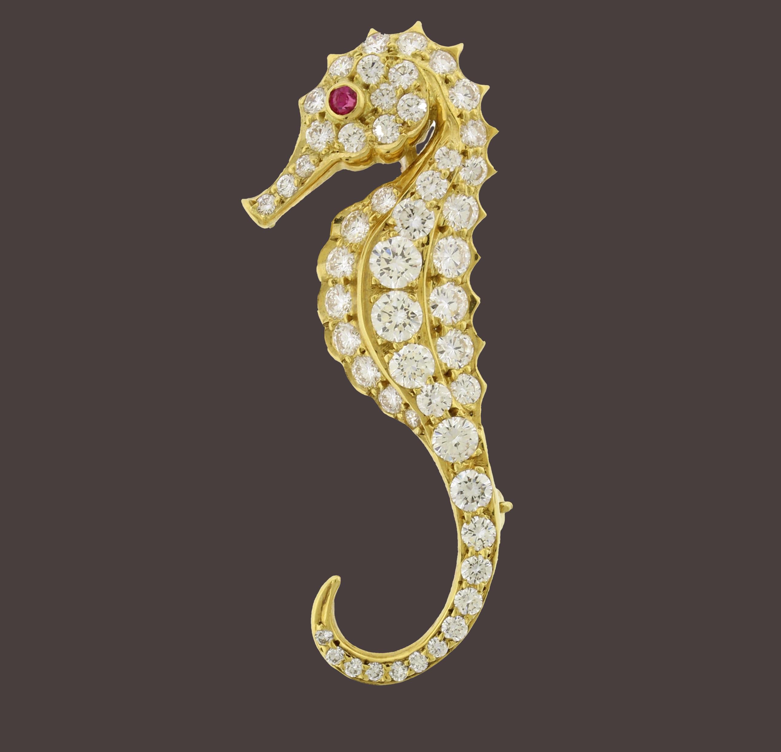 Women's or Men's Diamond and Ruby Seahorse Brooch by Pampillonia Jewelers
