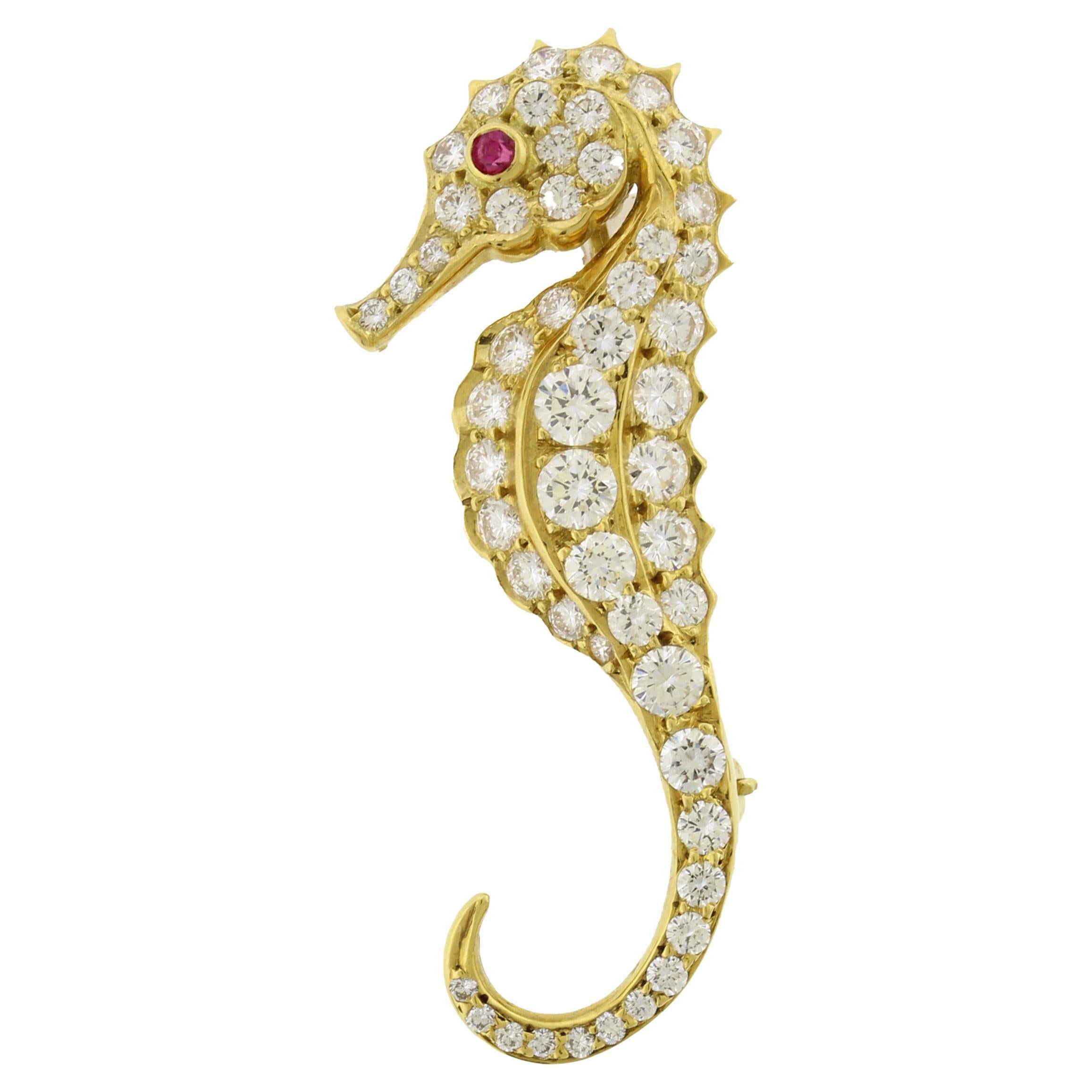 Diamond and Ruby Seahorse Brooch by Pampillonia Jewelers