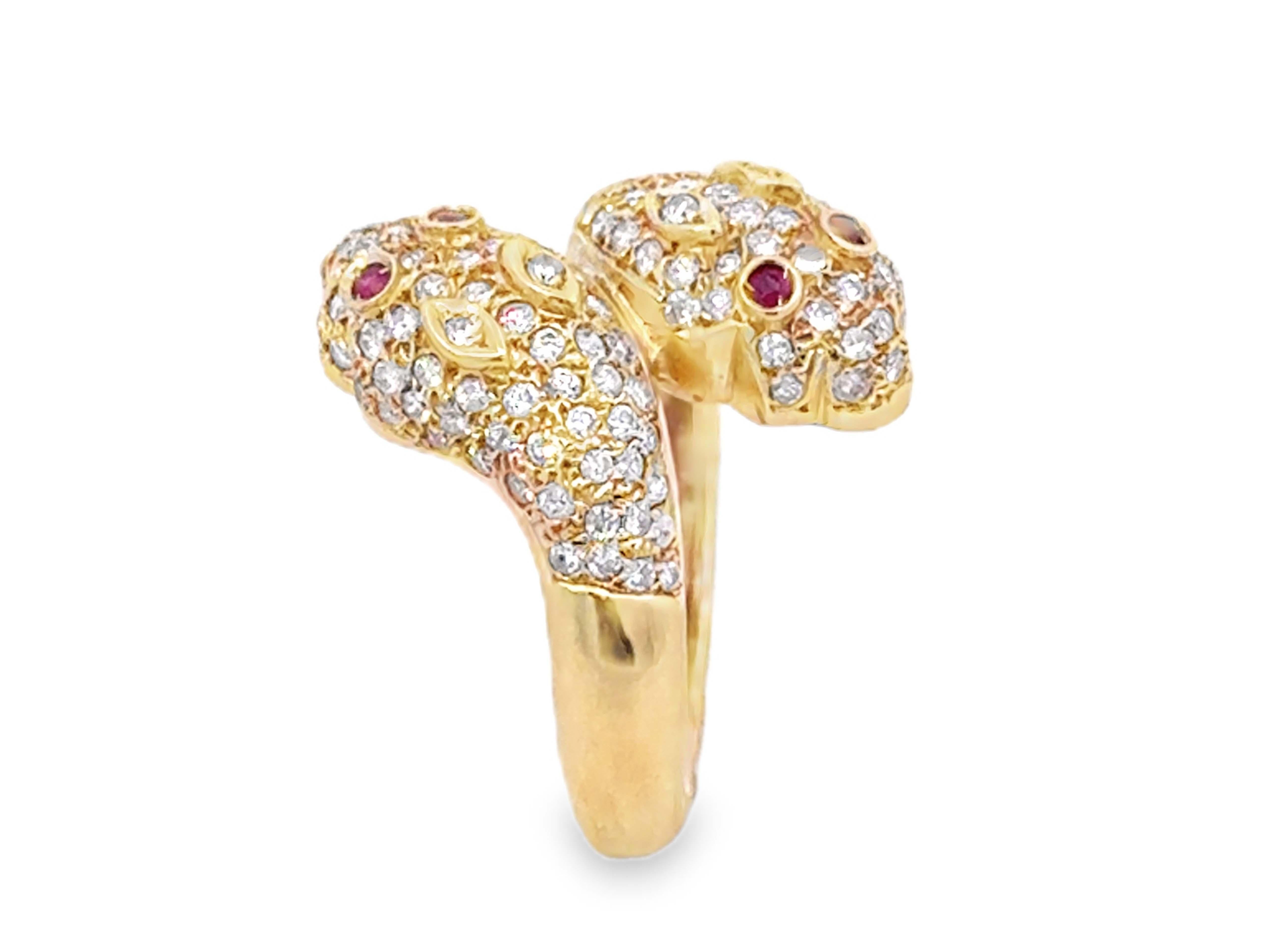 Diamant und Rubin Schlange Köpfe Bypass Ring 14k Gelbgold im Angebot 4