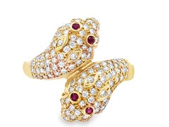 Diamond and Ruby Snake Heads Bypass Ring 14k Yellow Gold