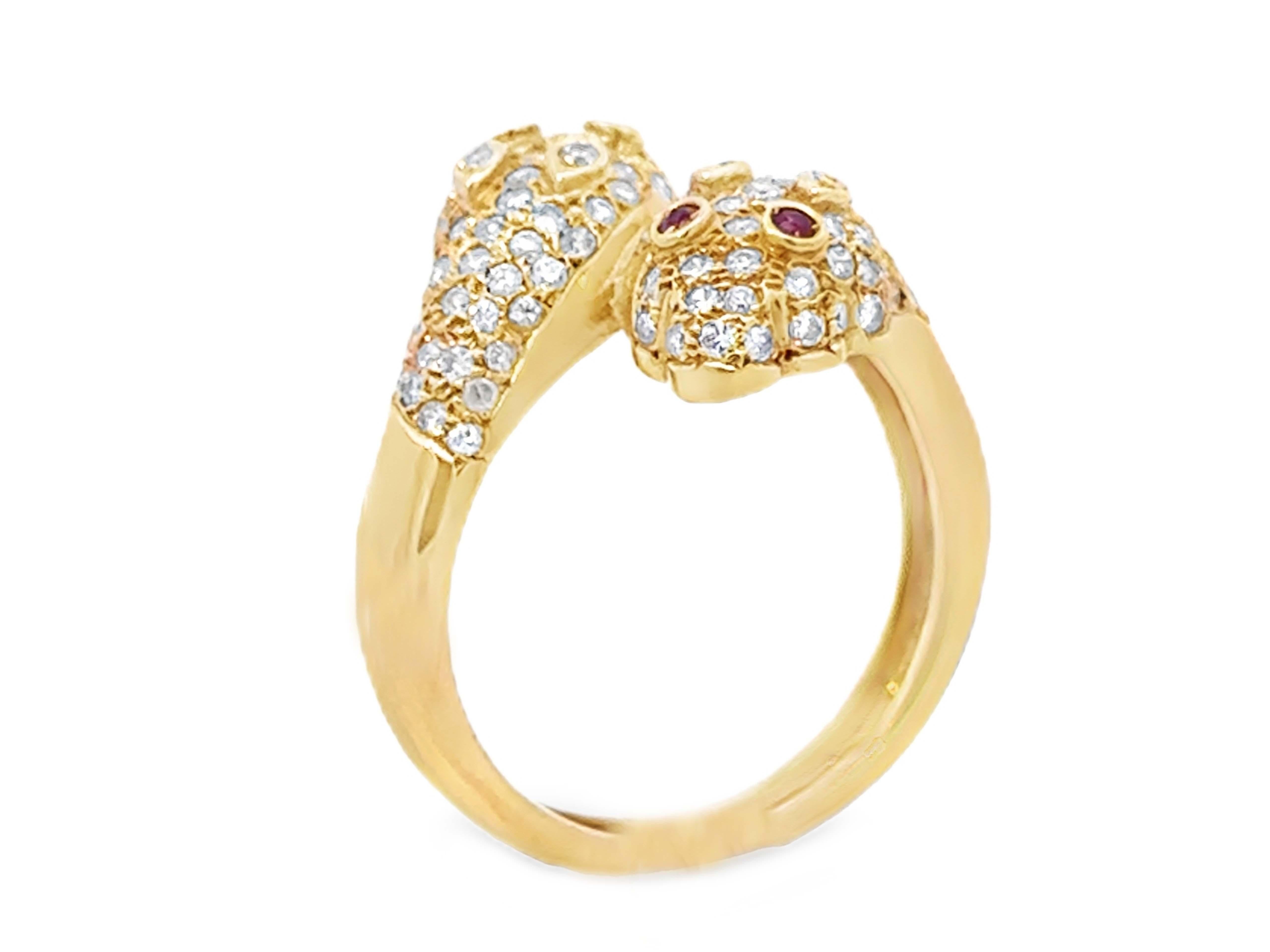 Diamant und Rubin Schlange Köpfe Bypass Ring 14k Gelbgold im Angebot 3