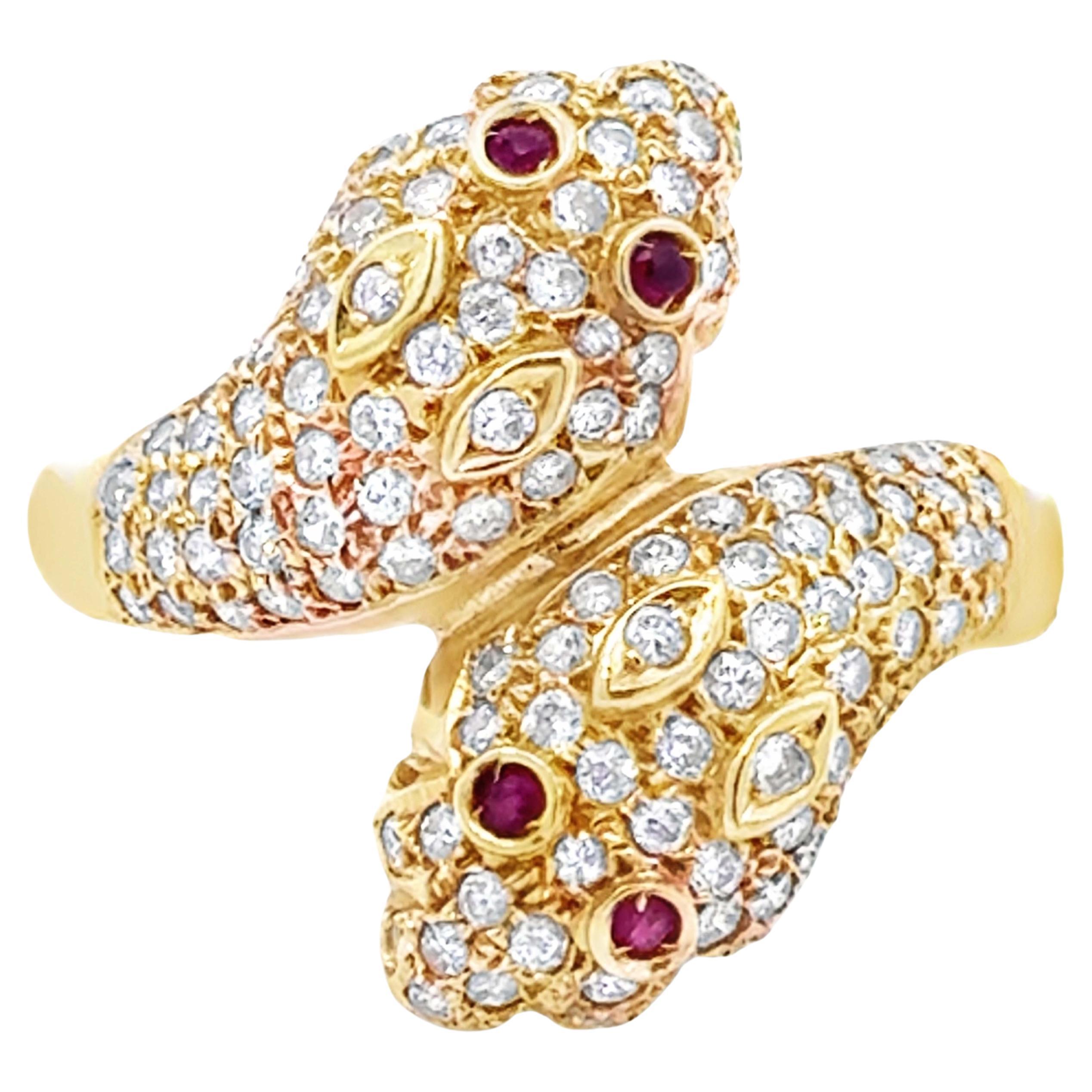 Diamond and Ruby Snake Heads Bypass Ring 14k Yellow Gold