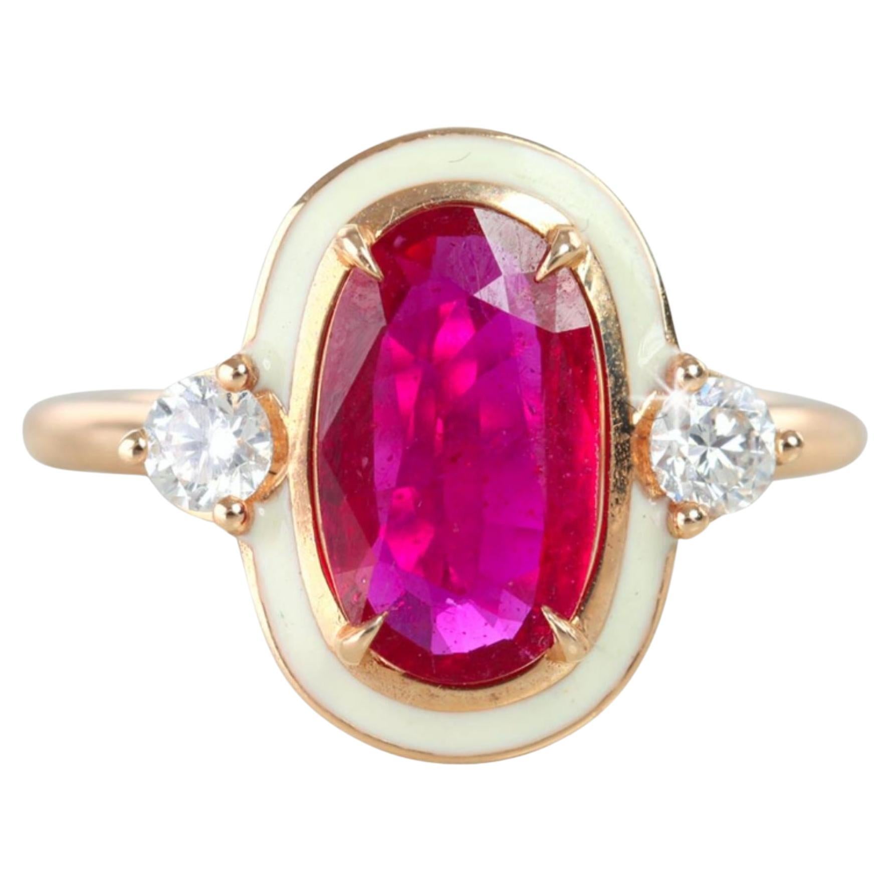Diamond and Ruby Stone Enameled Art Deco Style Cocktail Ring