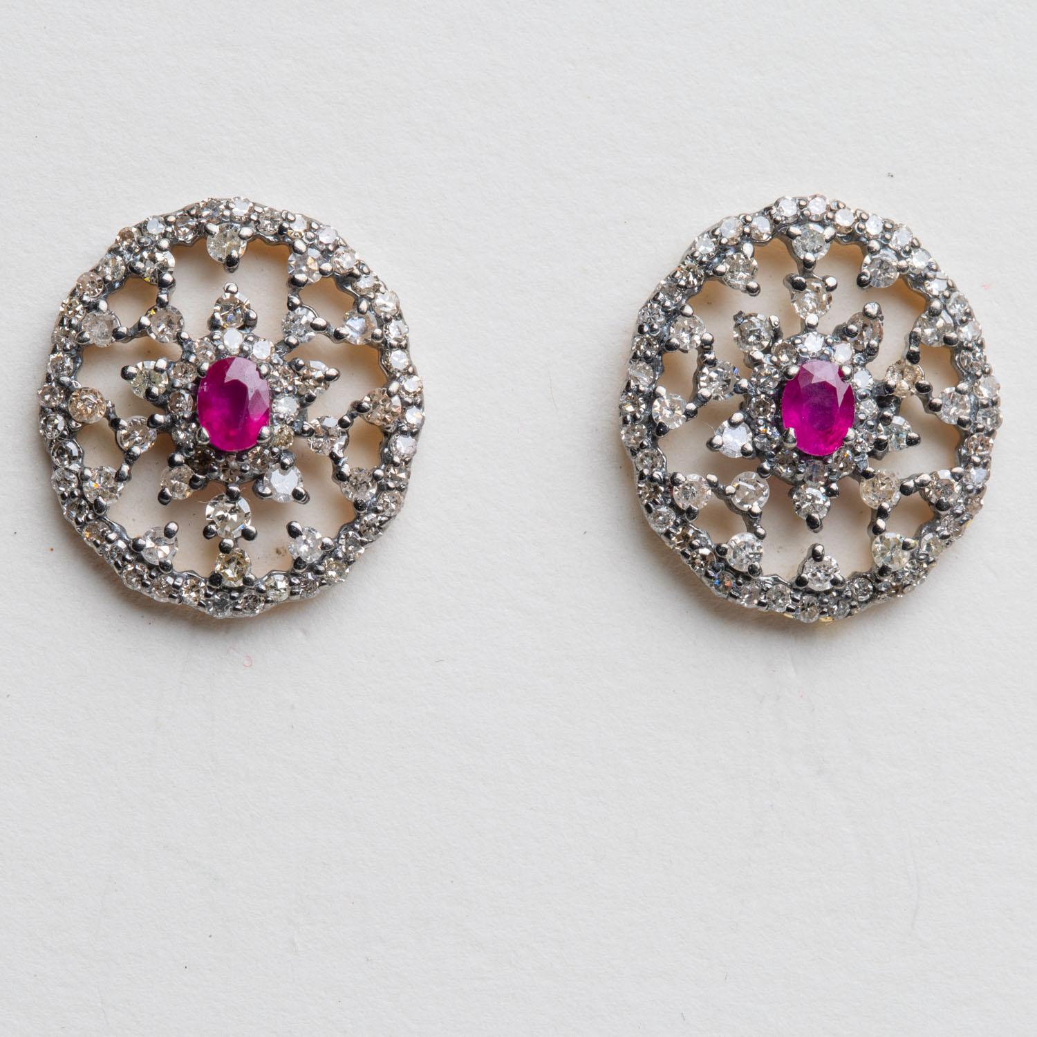 Oval Cut Diamond and Ruby Stud Earrings