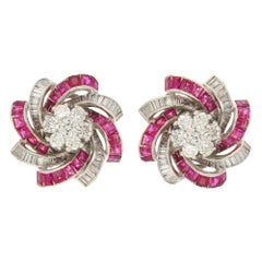 ruby clip on earrings Diamond and Ruby Swirl Candy Clip-On Earrings in 14 Karat White Gold