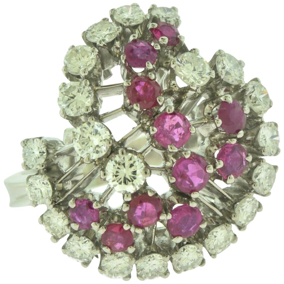 Diamond and Ruby Swirl Motif Cocktail Ring For Sale