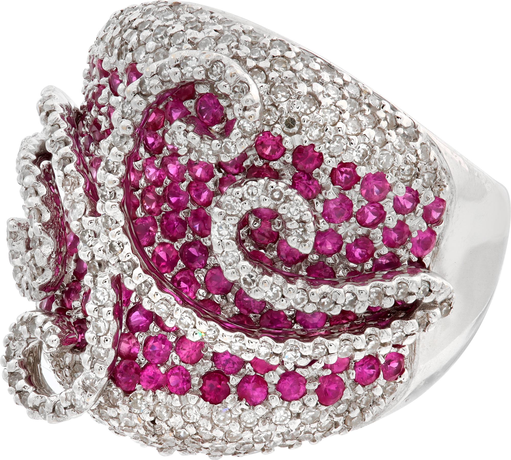 Women's Diamond and Ruby Swirl White Gold Ring For Sale