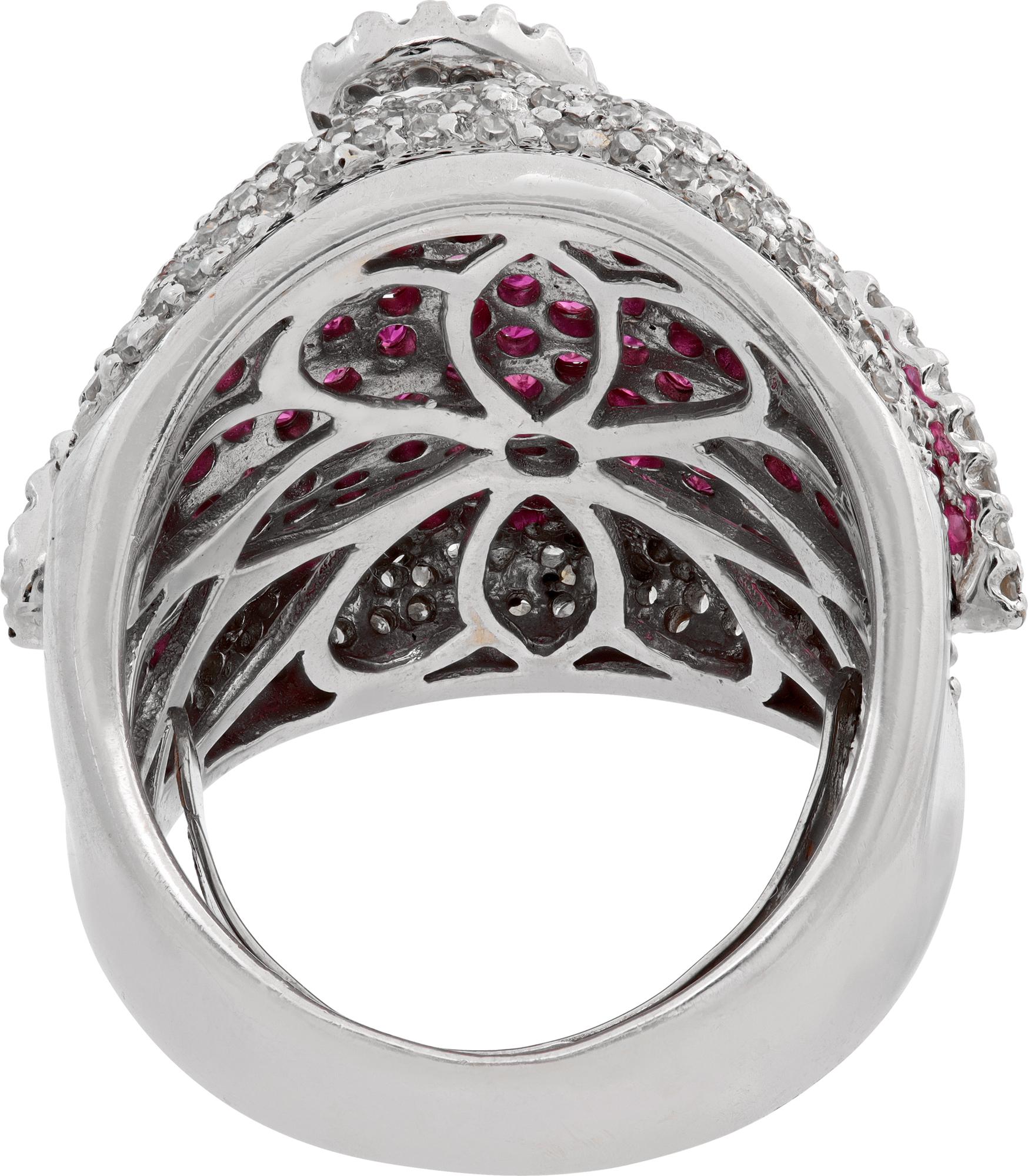 Diamond and Ruby Swirl White Gold Ring For Sale 1