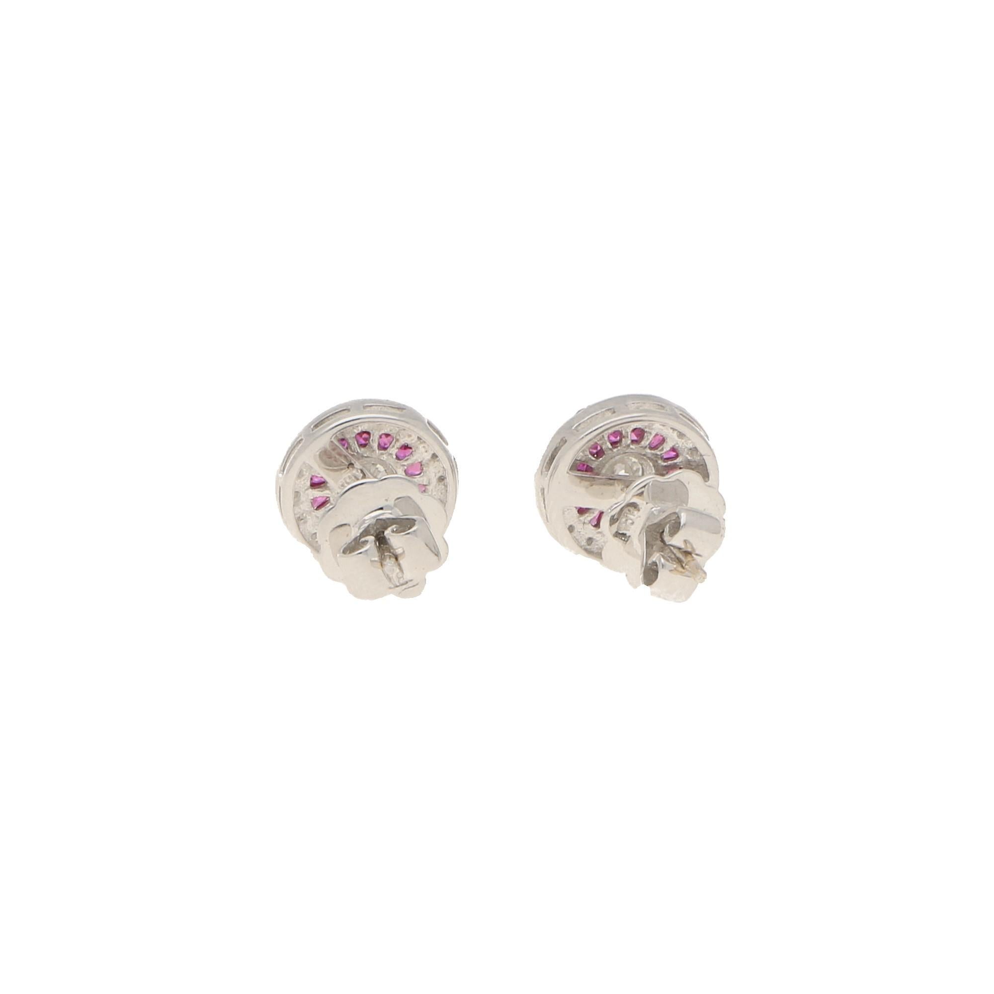 Round Cut Art Deco Style Diamond and Ruby Target Stud Earrings in 18k White Gold  For Sale