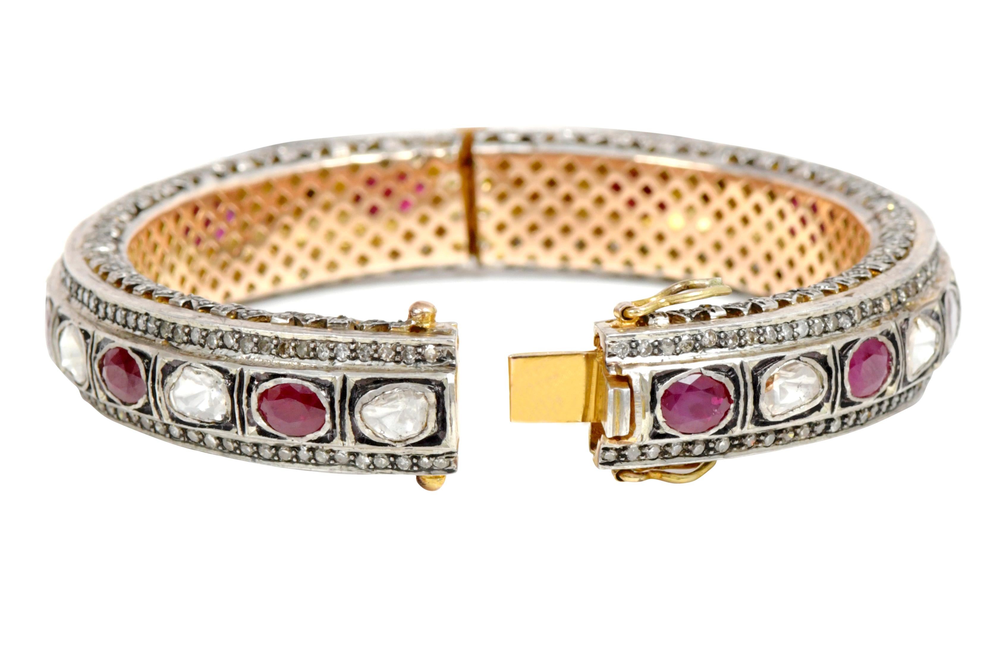 Oval Cut Diamond and Ruby Tennis Bangle in Art-Deco Style For Sale
