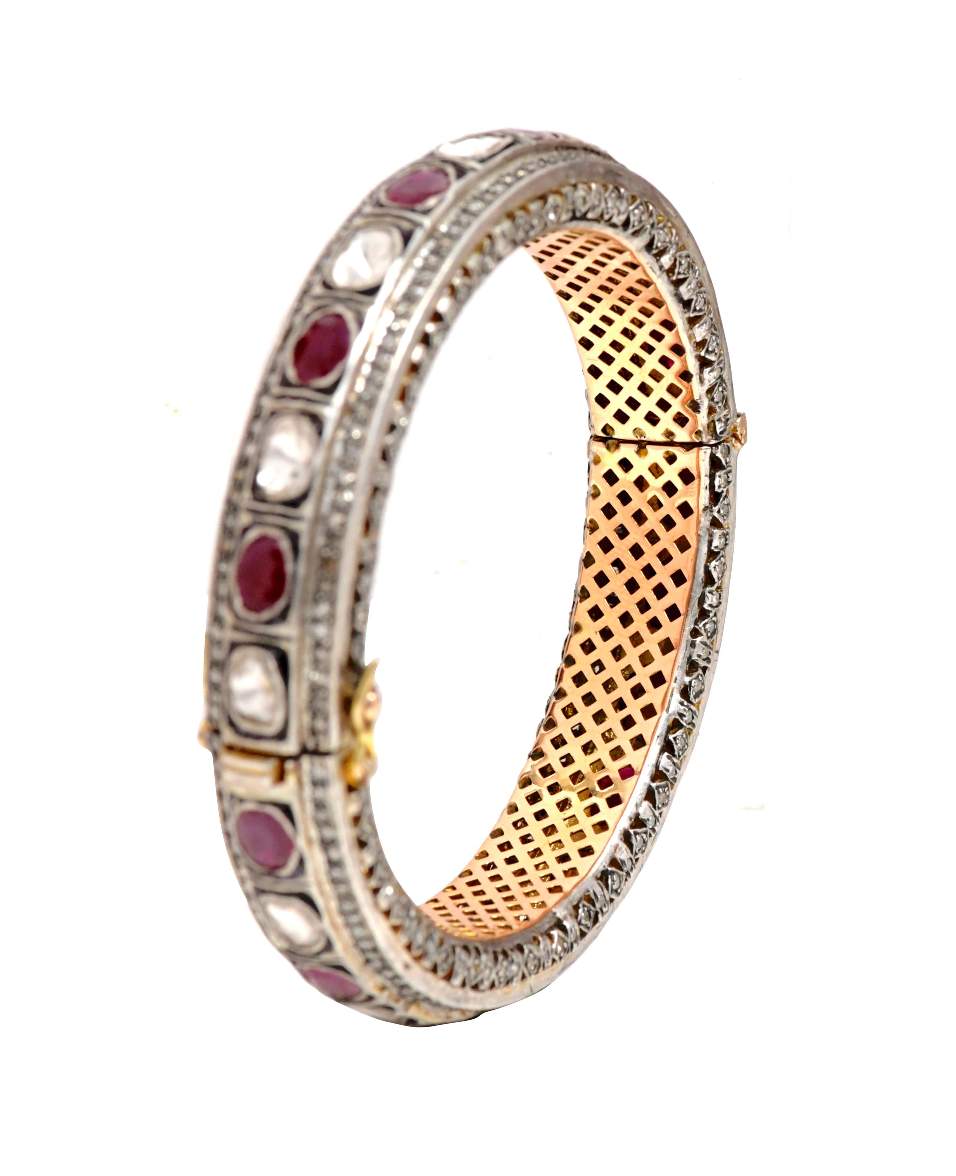 Diamond and Ruby Tennis Bangle in Art-Deco Style For Sale 1