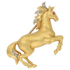 Diamond and Ruby Thoroughbred Horse Brooch Yellow and White Gold