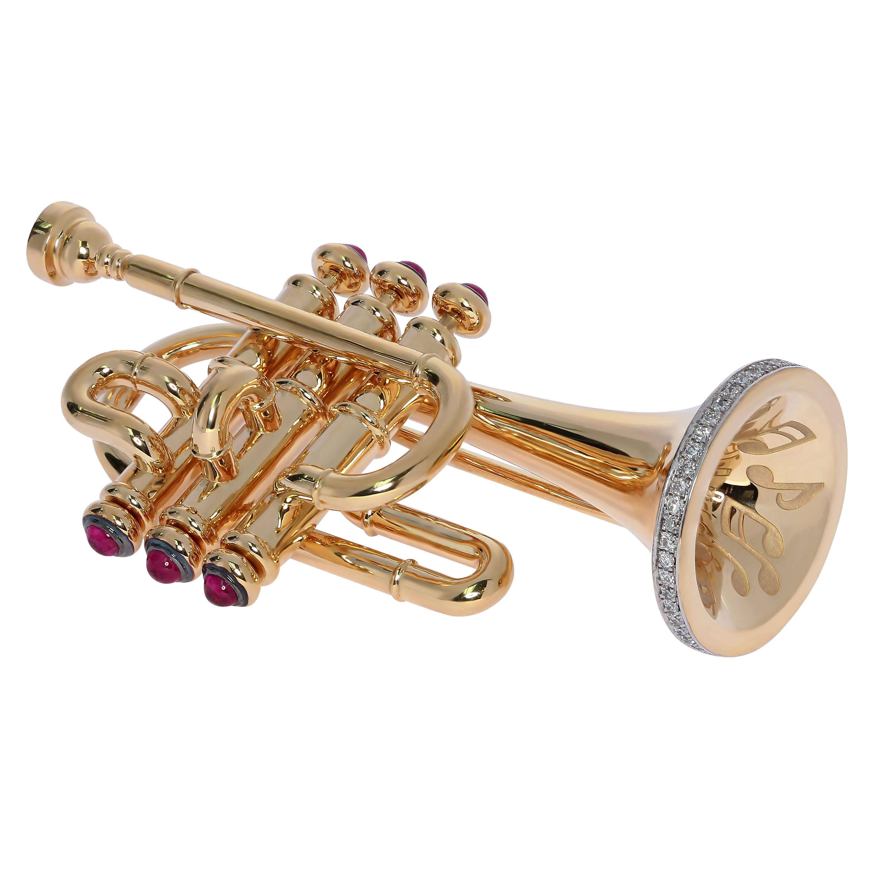 Diamond and Ruby Trumpet 18 Karat Yellow Gold Brooch For Sale