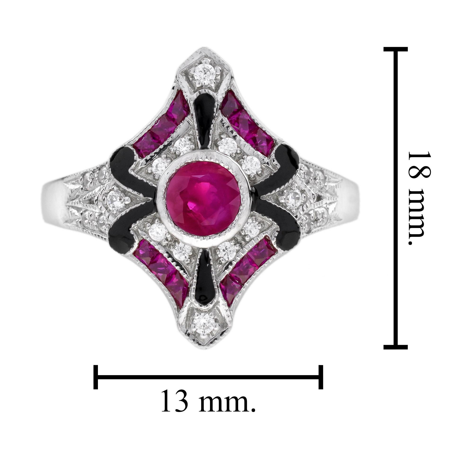 Anello con diamante e rubino e smalto in stile Art Déco in oro bianco 14K in vendita 1