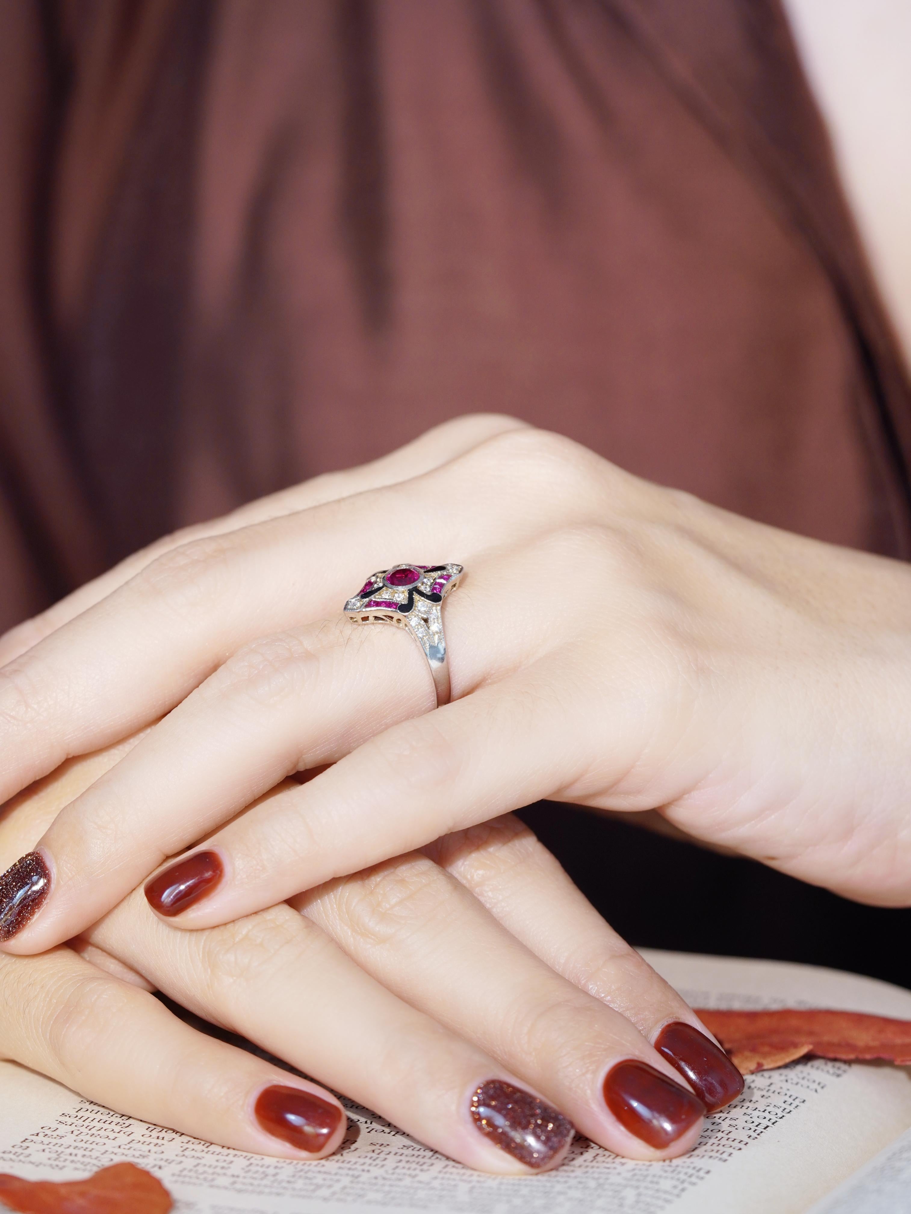 Round Cut Diamond and Ruby with Enamel Art Deco Style Ring in 14K White Gold For Sale