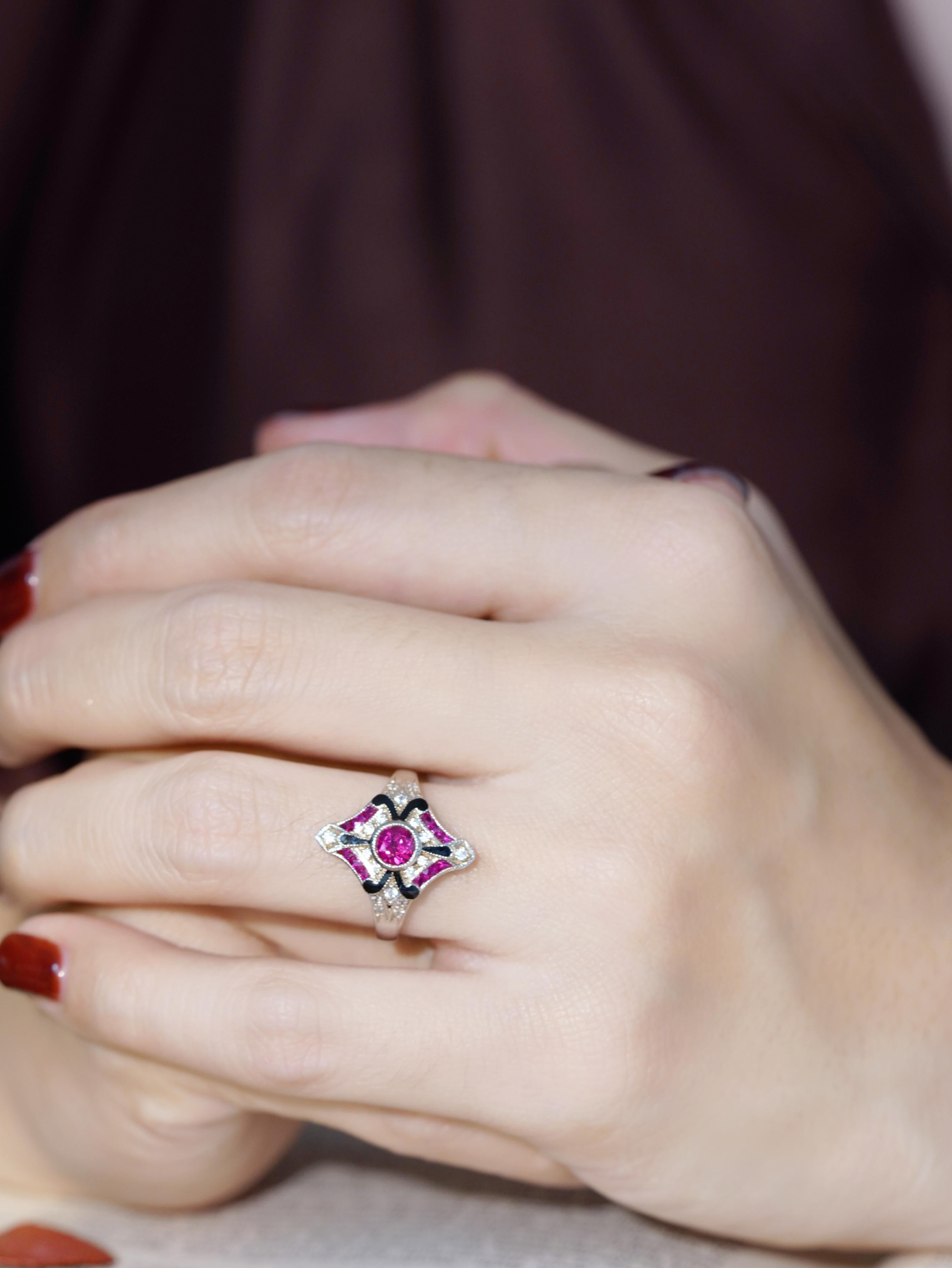 Diamond and Ruby with Enamel Art Deco Style Ring in 14K White Gold In New Condition For Sale In Bangkok, TH