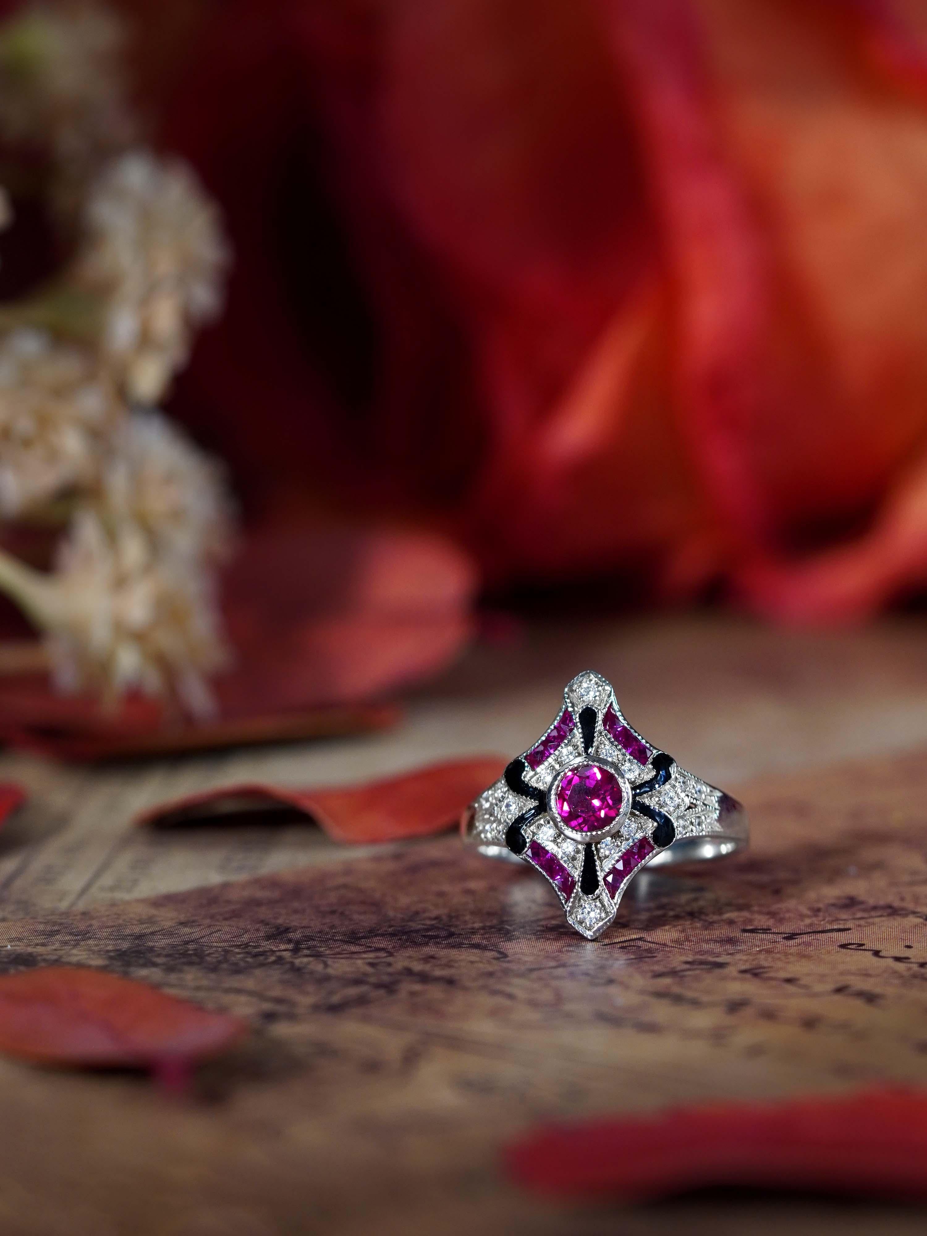 Women's Diamond and Ruby with Enamel Art Deco Style Ring in 14K White Gold For Sale