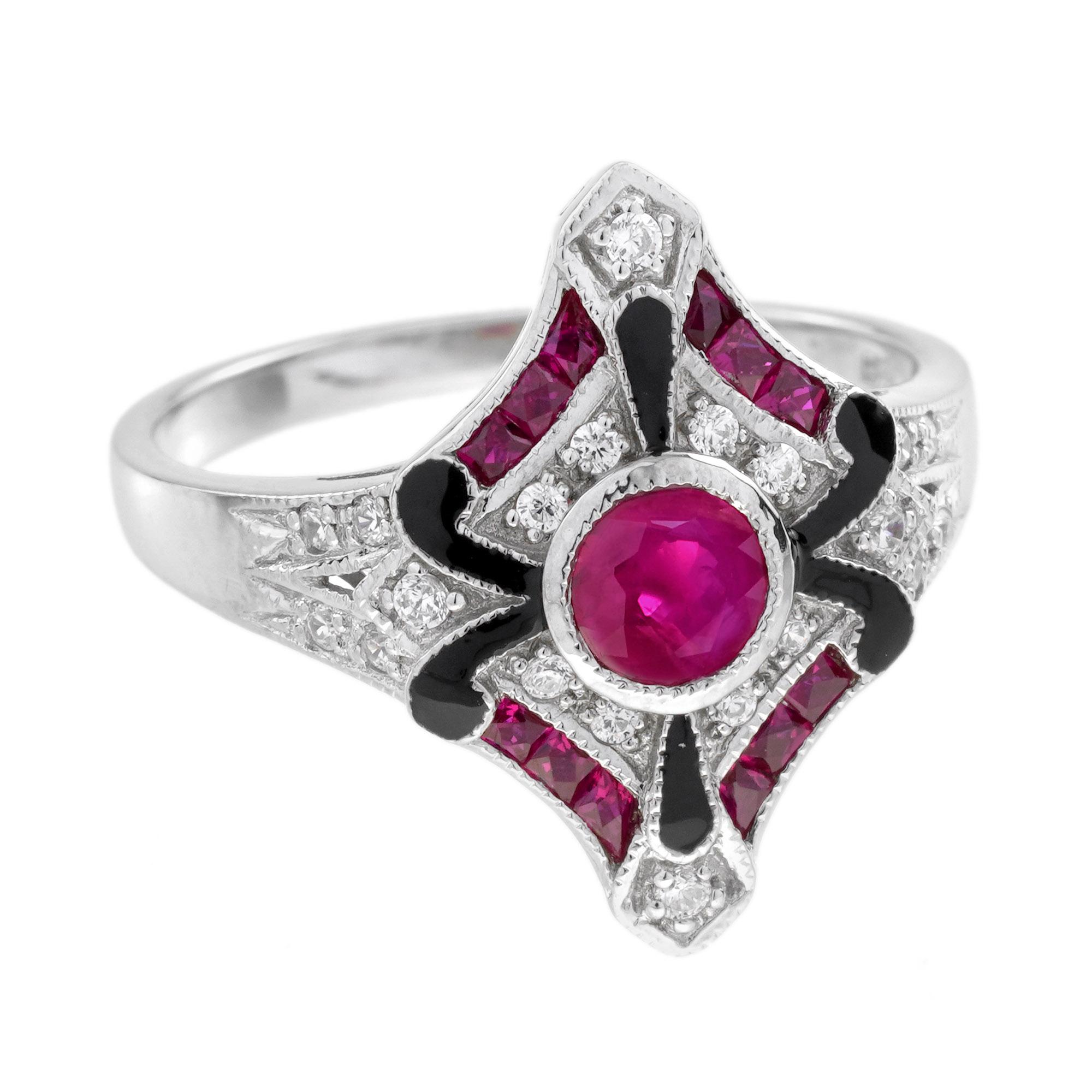 Questo splendido anello in stile Art Déco presenta al centro un vibrante rubino incastonato, che emana un'eleganza e una raffinatezza senza tempo. L'intricata cornice sagomata è impreziosita da diamanti scintillanti e dettagli in smalto, che