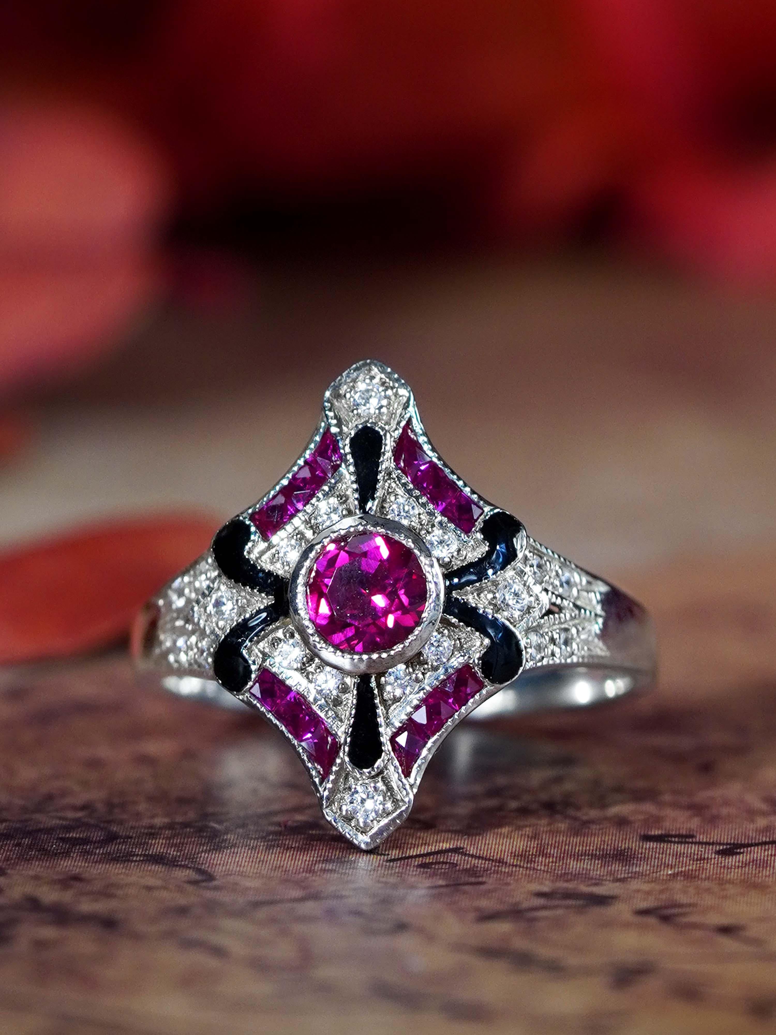 Diamond and Ruby with Enamel Art Deco Style Ring in 14K White Gold For Sale 1