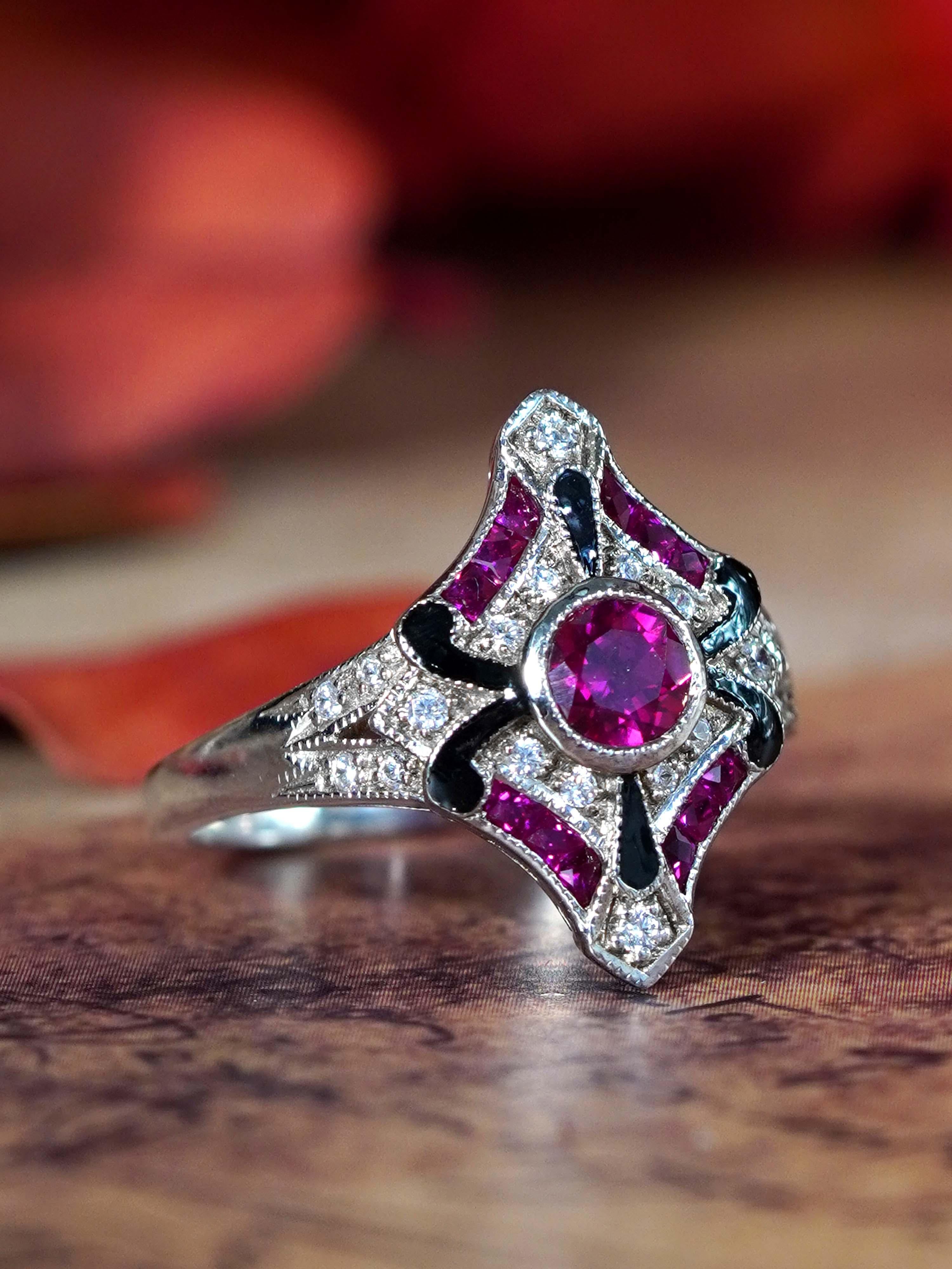 Diamond and Ruby with Enamel Art Deco Style Ring in 14K White Gold For Sale 2