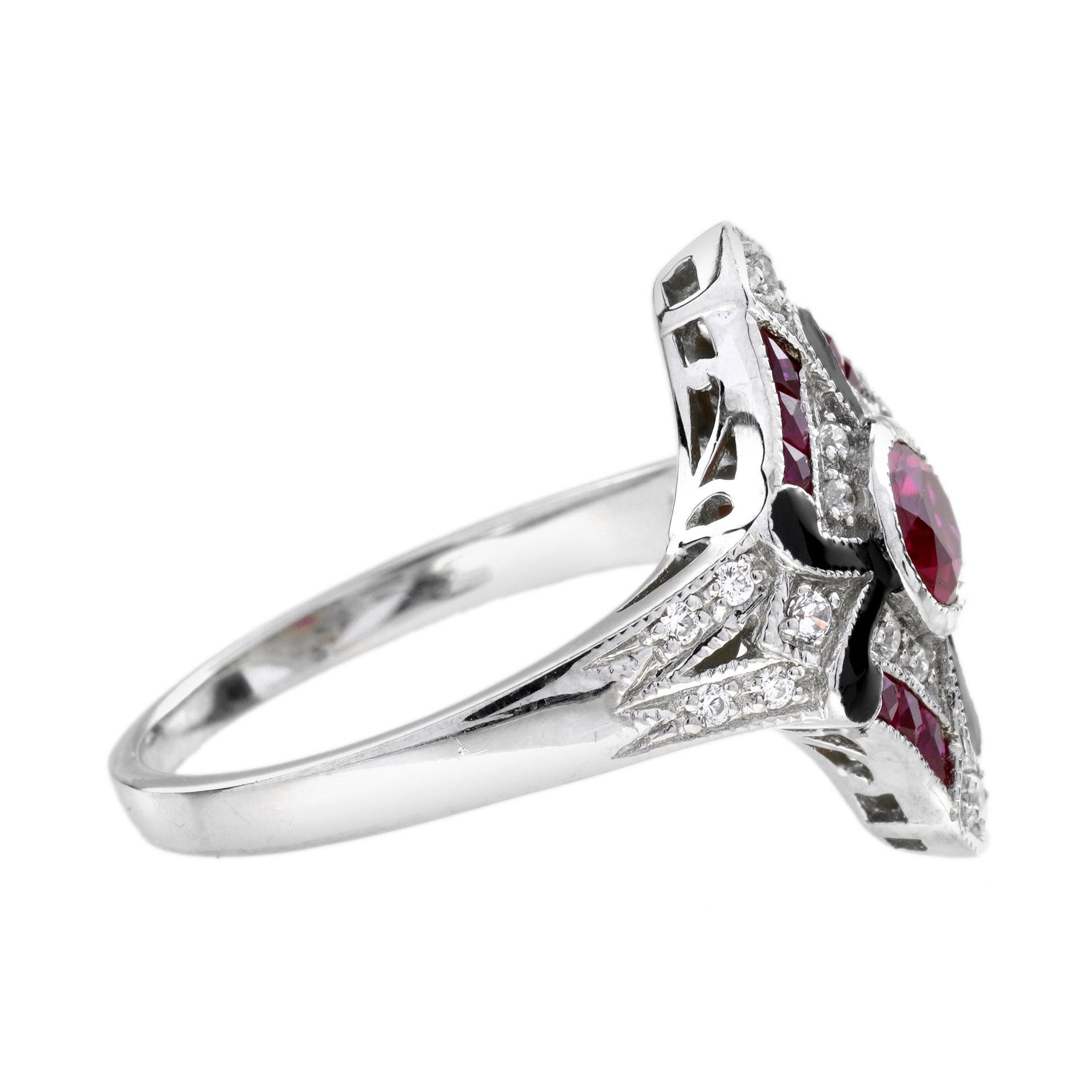 Diamond and Ruby with Enamel Art Deco Style Ring in 14K White Gold For Sale 4