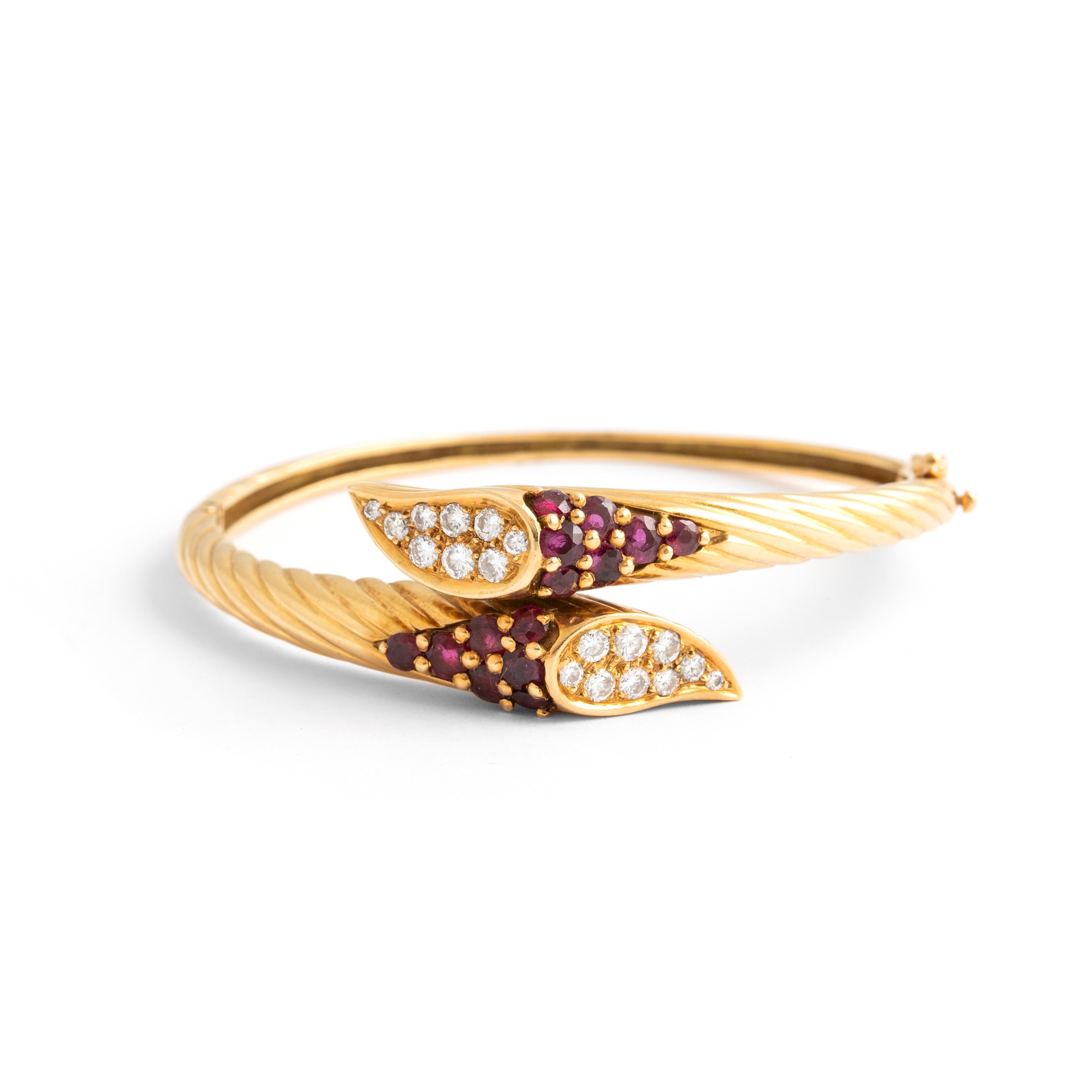 Retro Diamond and Ruby Yellow Gold 18k Bangle For Sale