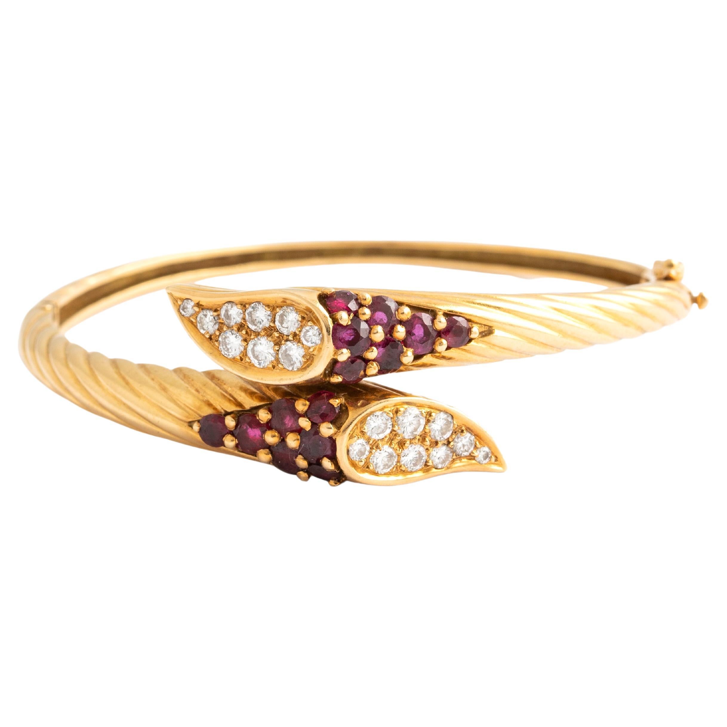 Diamond and Ruby Yellow Gold 18k Bangle For Sale