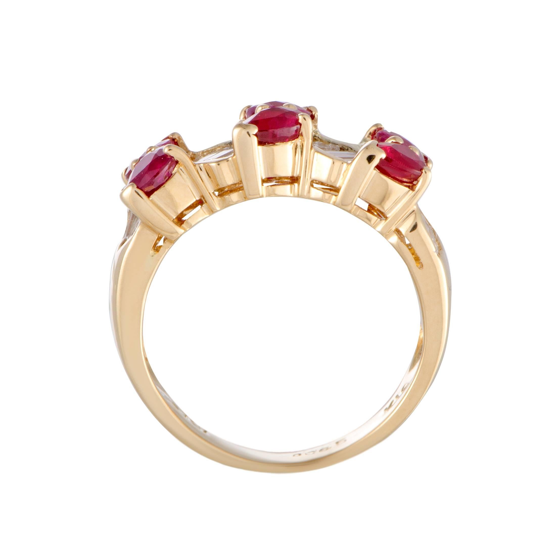 The gorgeously cut rubies combined with sublime diamonds give a splendidly feminine appeal to this superb ring. The ring is made of 18K yellow gold and boasts a total of 0.65 carats of diamonds and 1.91 carats of rubies.
Ring Size: 6
Band Thickness: