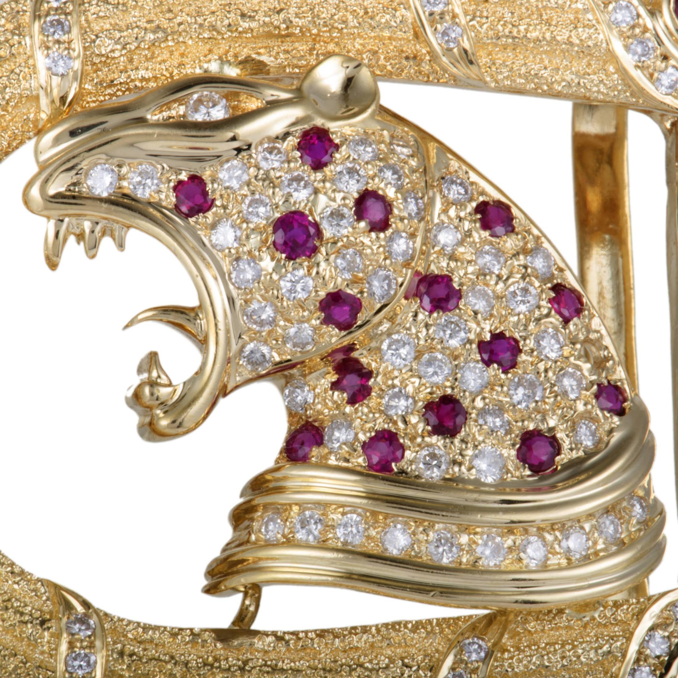 Extravagantly designed in classy 18K yellow gold, this exceptionally unique belt buckle blings from a mile away! The incredible item features 1.43ct of sparkling diamonds and 1.49ct of dazzling rubies in its stunningly fierce design.
